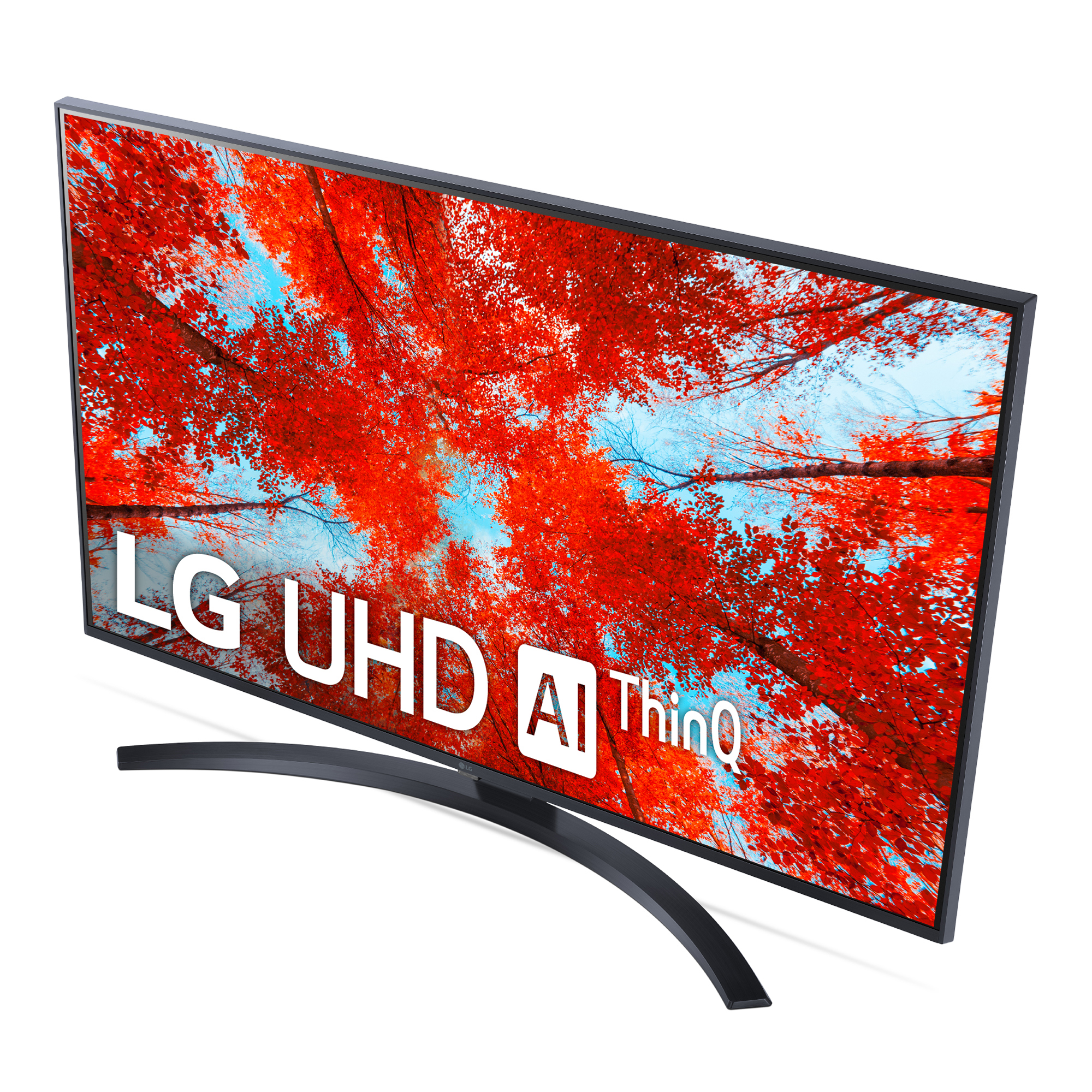 TV de pantalla curva con escena de bosque. Texto LG UHD AI ThinQ. Fondo blanco.