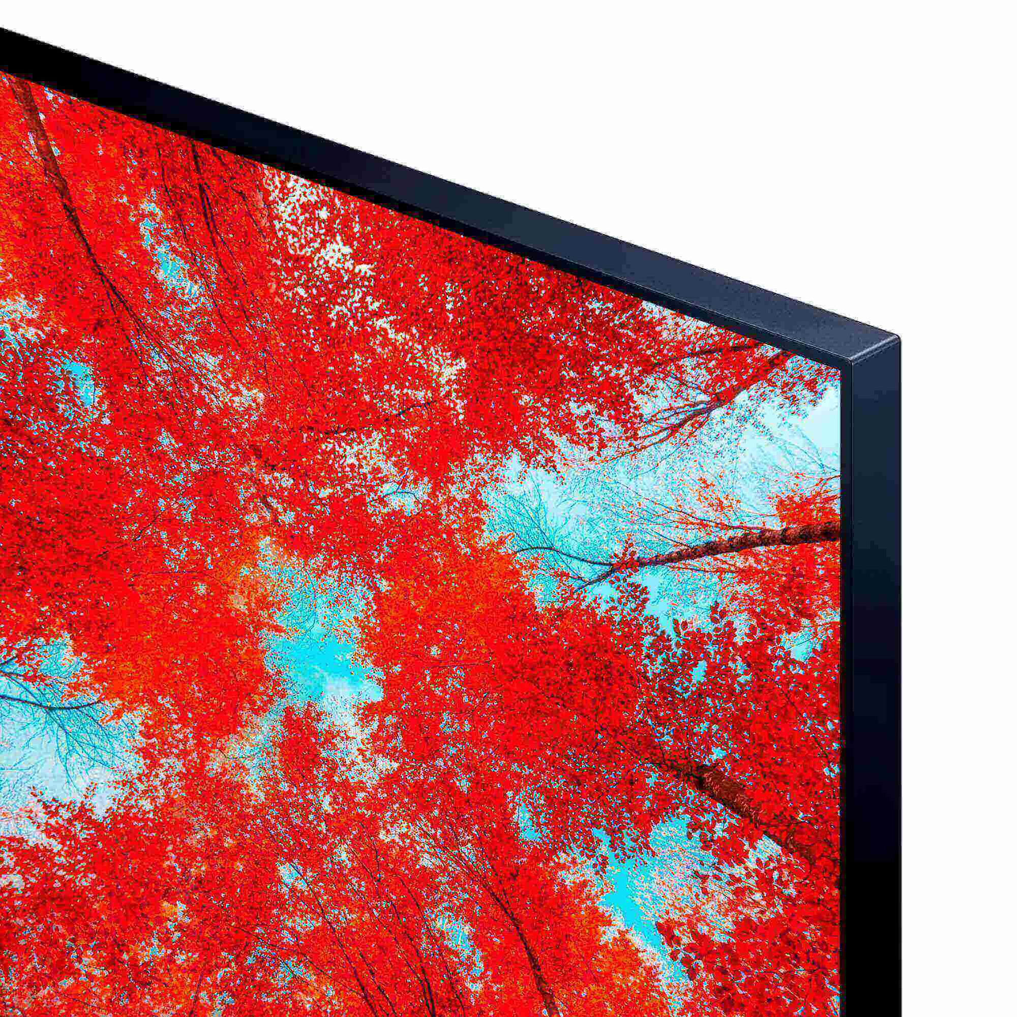 Una pantalla de TV que muestra un bosque rojo, con texto que describe las características del televisor.