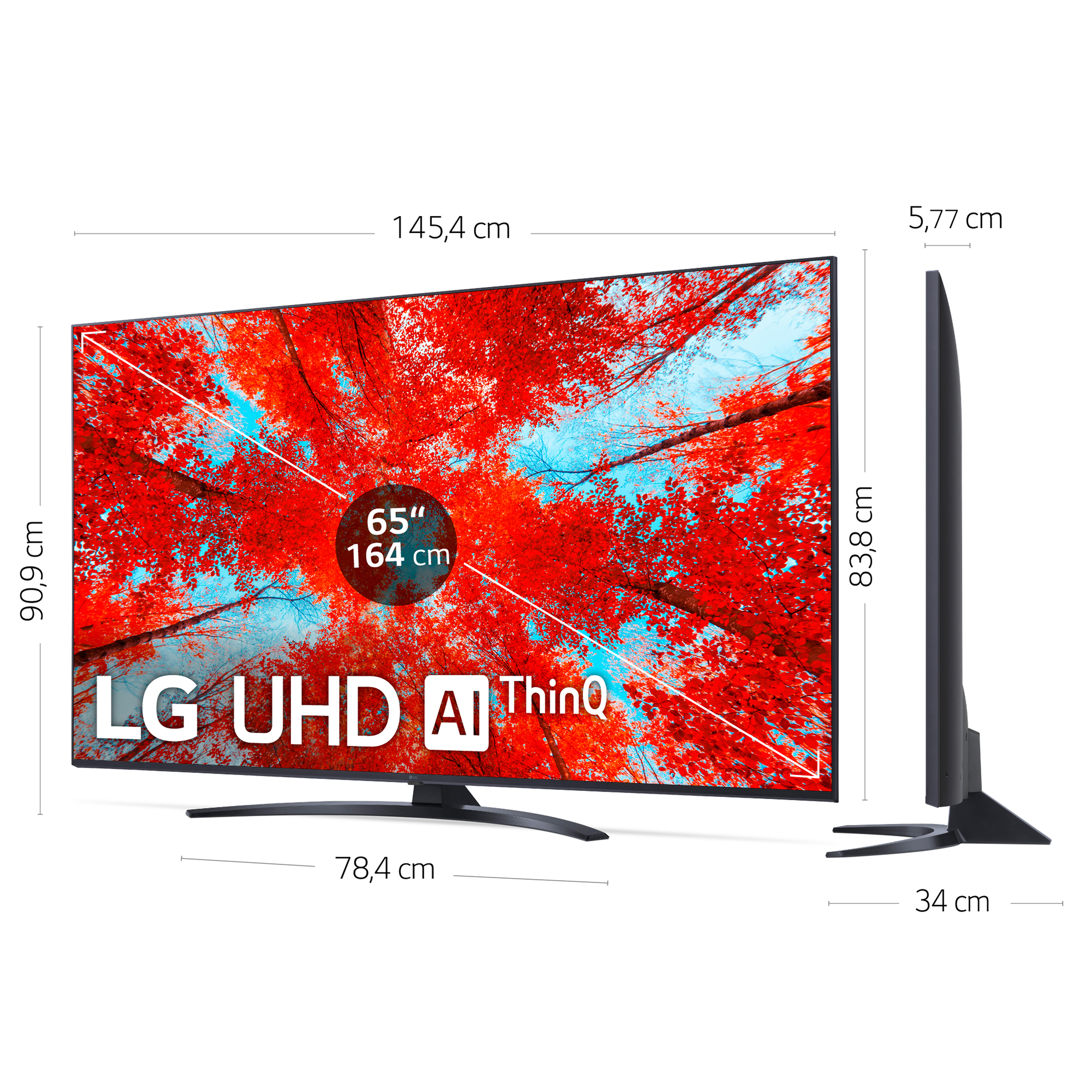 TV LG UHD AI ThinQ de 65 pulgadas con dimensiones mostradas, vista lateral incluida.