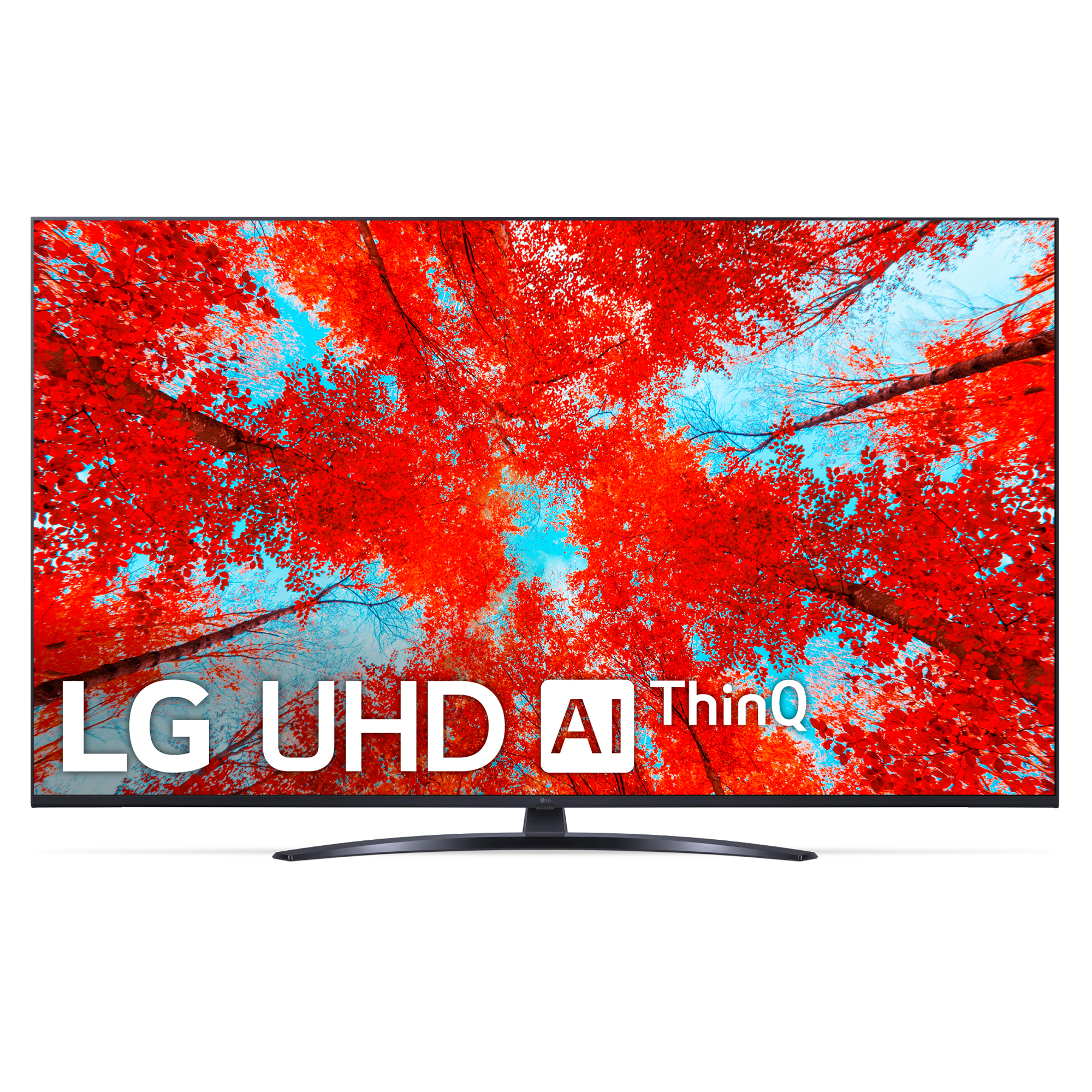 Una pantalla de TV que muestra una imagen de un bosque rojo con el texto "LG UHD AI ThinQ".