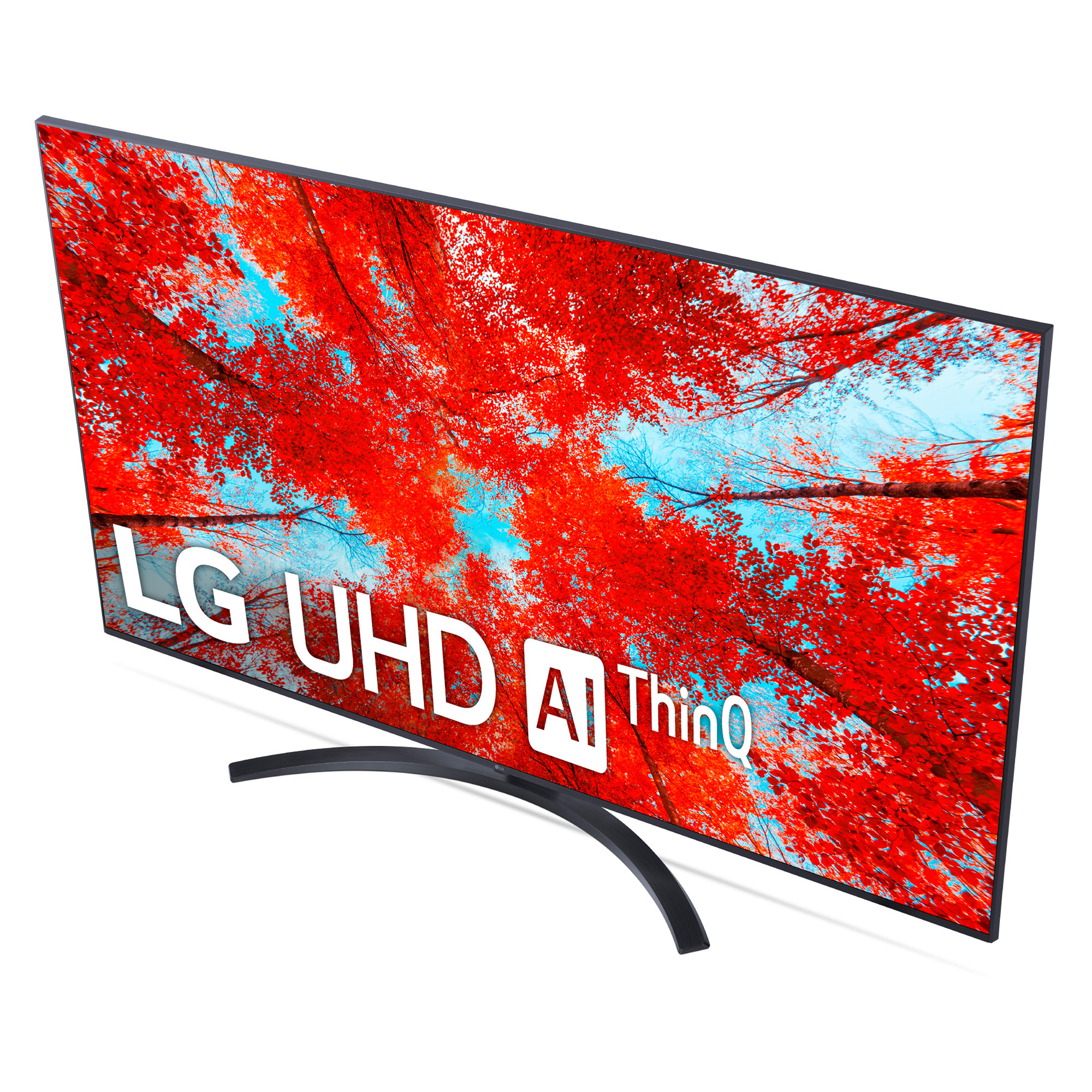 Un televisor con una imagen roja y azul, inclinado hacia arriba.