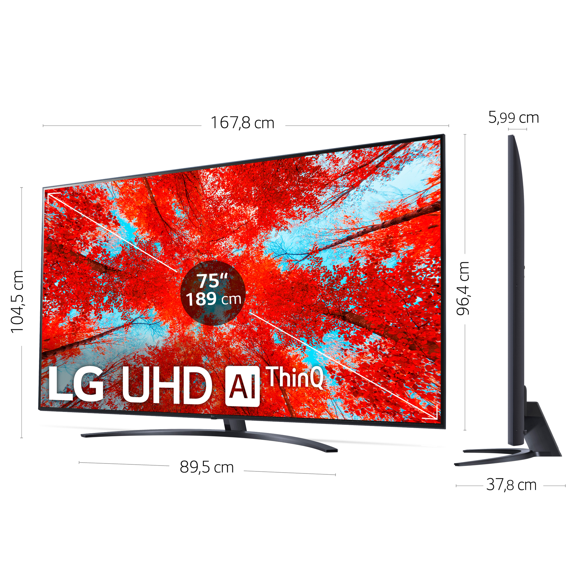 TV LG UHD AI ThinQ mostrando dimensiones. Pantalla muestra arte rojo y blanco.