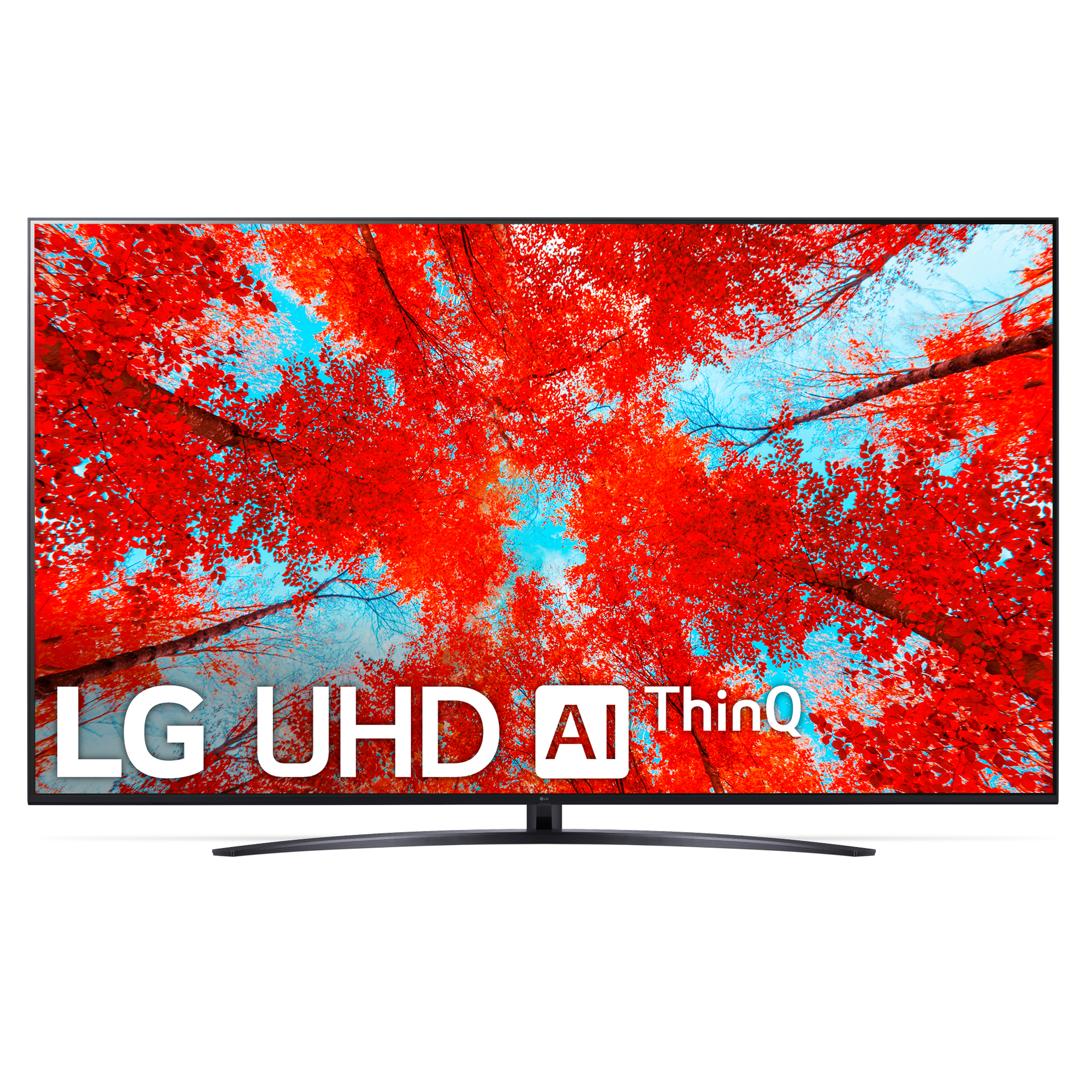 Un gran televisor LG UHD AI ThinQ que muestra una escena de bosque con árboles rojos.