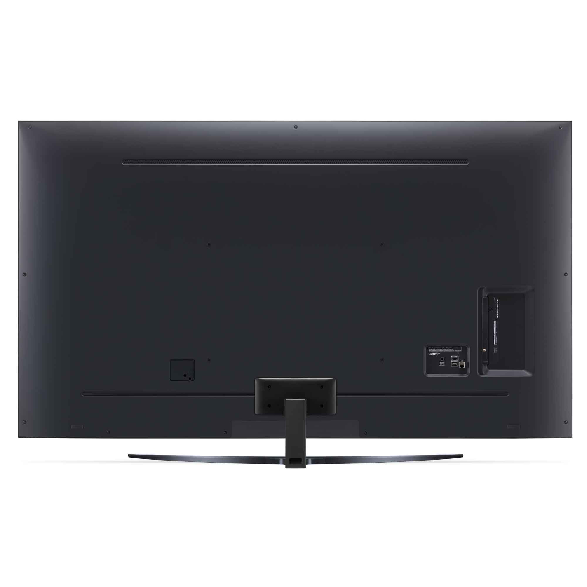 Parte trasera de un televisor LG negro grande sobre un soporte. Tiene puertos y conexión de cable.
