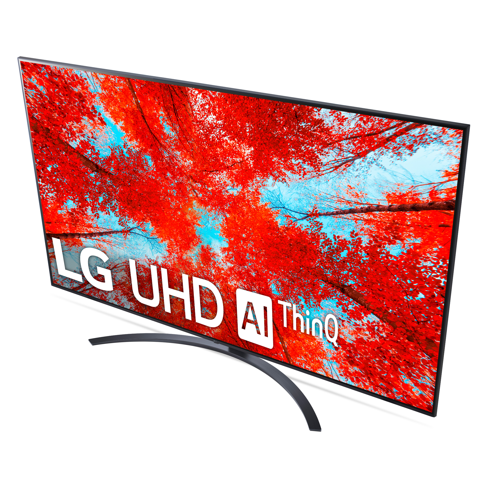 Un televisor moderno con pantalla curva, árboles rojos y fondo blanco.