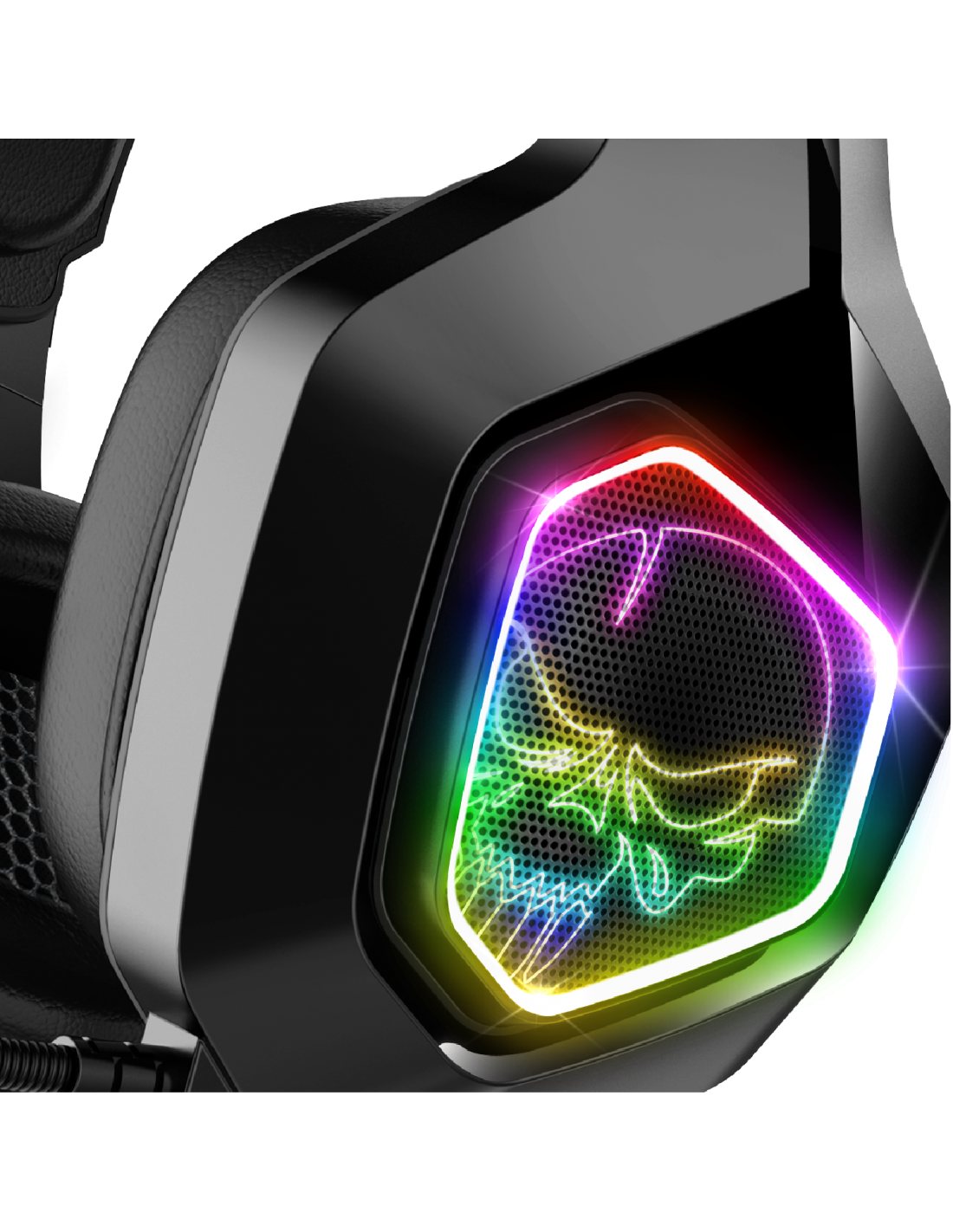 Fekete gamer headset koponya dizájnnal és színes fényekkel.