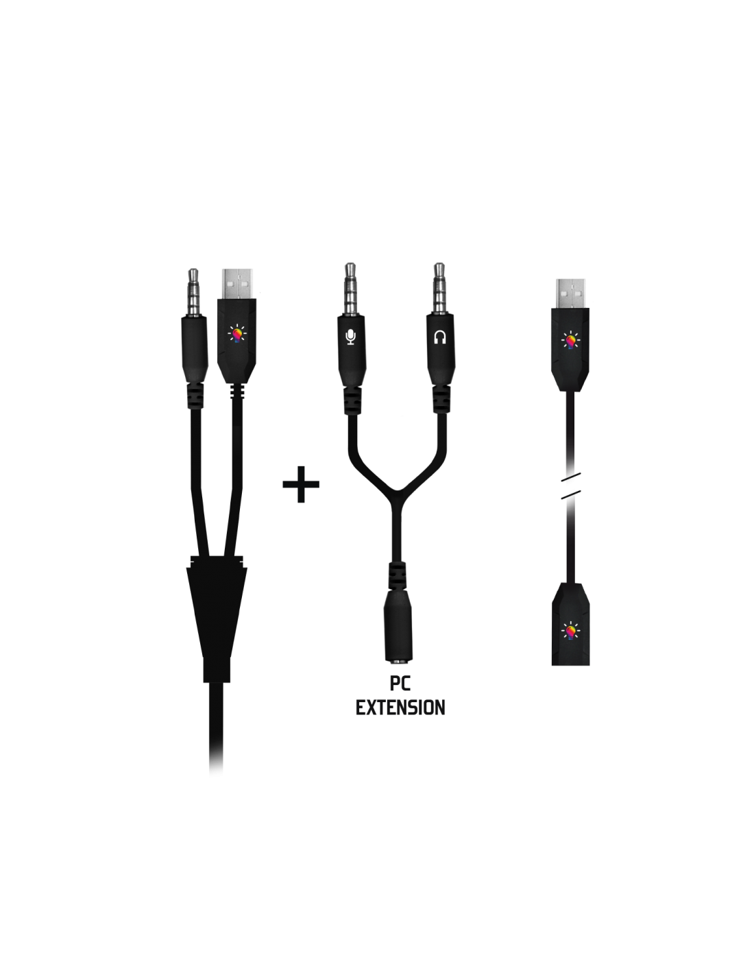 Audiokábelek játékhoz. Tartalmaz egy Y-elosztót és egy USB kábelt. Mind fekete.