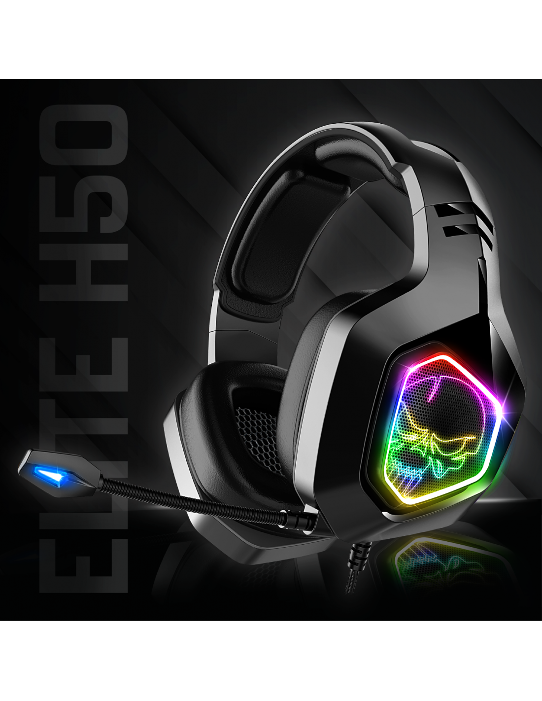 Fekete gaming headset koponya mintával a fülkagylókon és színes világítással.