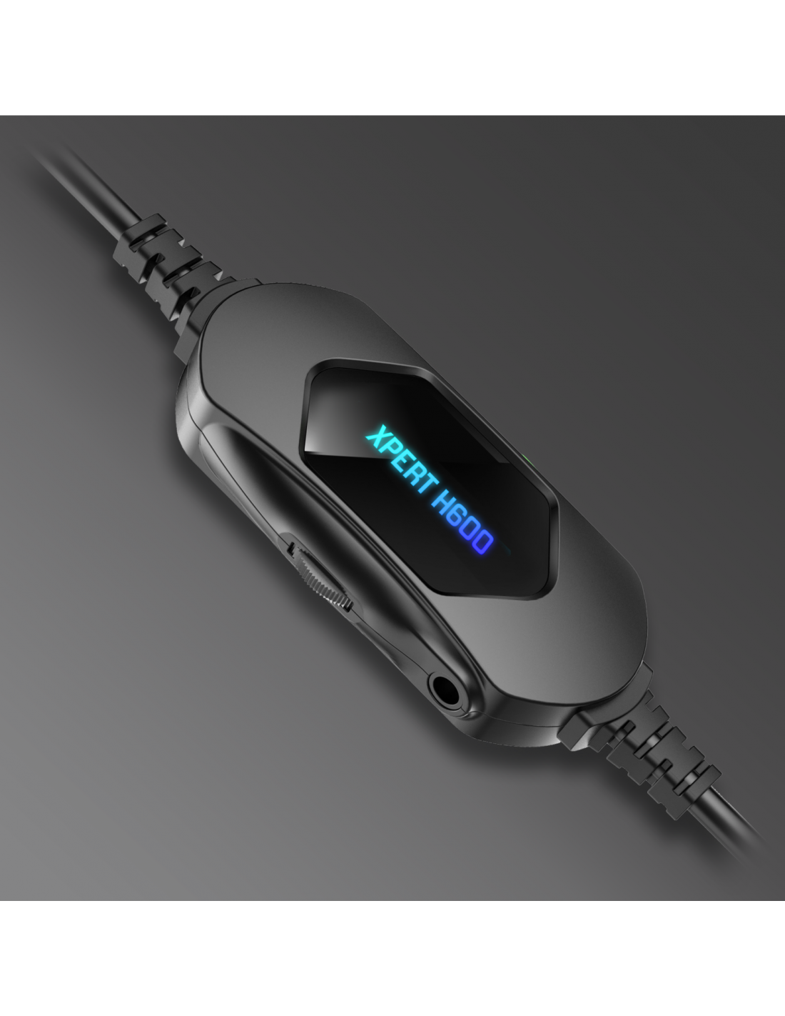 Egy fekete audio vezérlő XPERT H600 szöveggel és hangerő csúszkával. Van rajta egy fejhallgató csatlakozó.