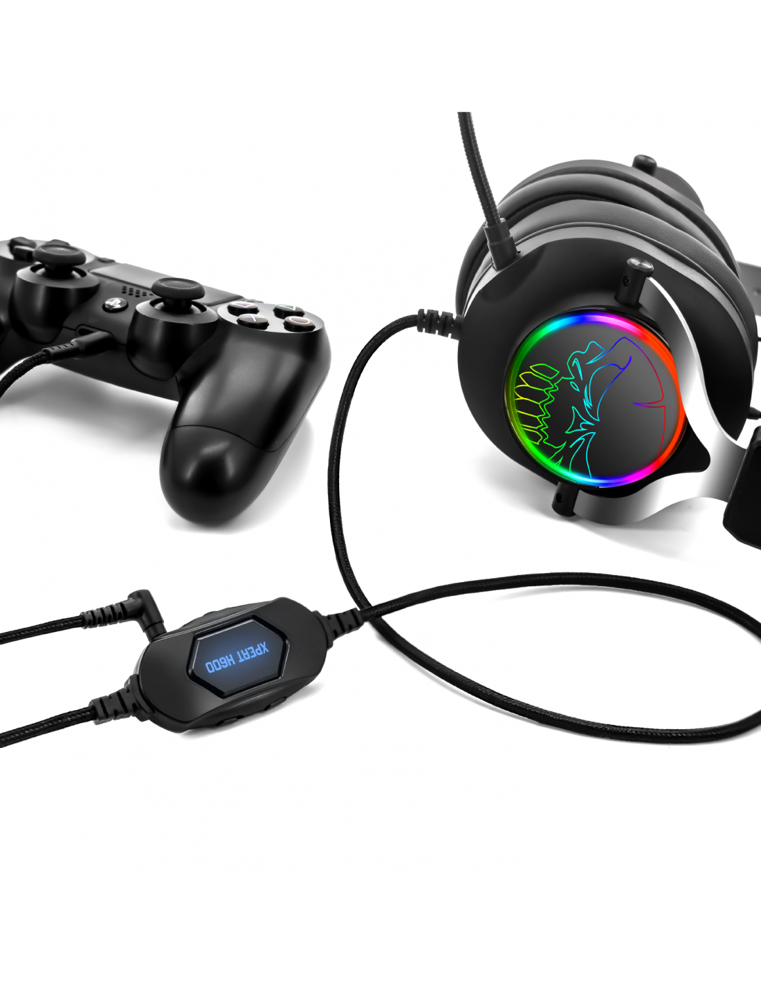 Gaming fejhallgató kontrollerrel és kontroller tartozékkal.