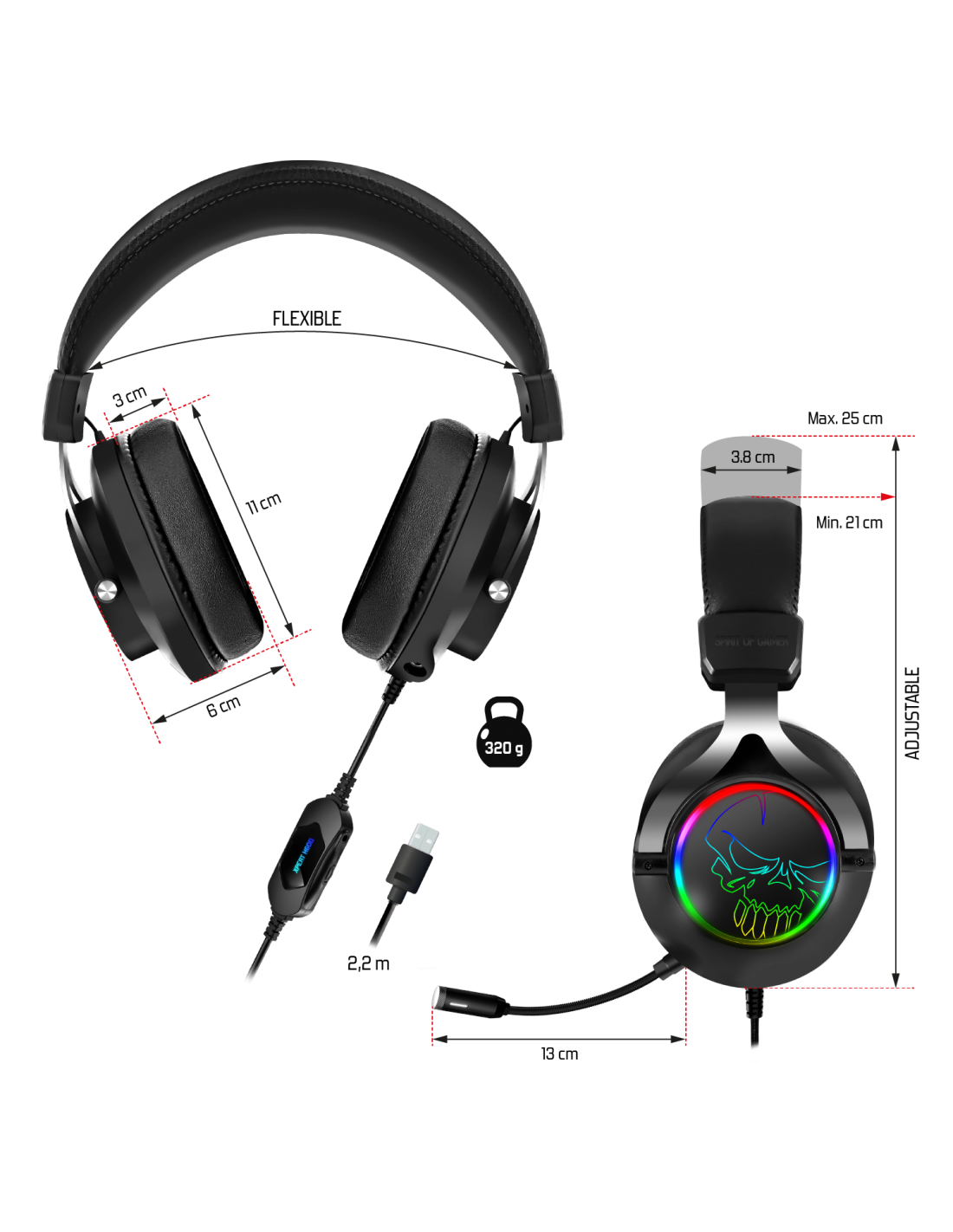 Fekete gaming headset. A jobb fülkagylón egy koponya látható RGB világítással. A méretek és a súly meg van adva.