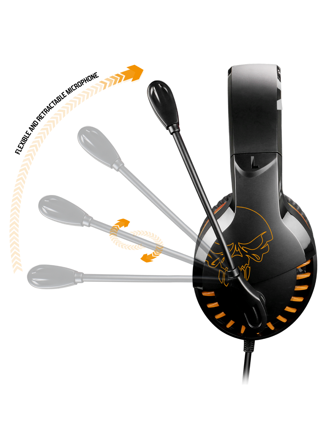 Egy fekete gamer headset. A mikrofon forog. Egy koponya van a fülkagylón.