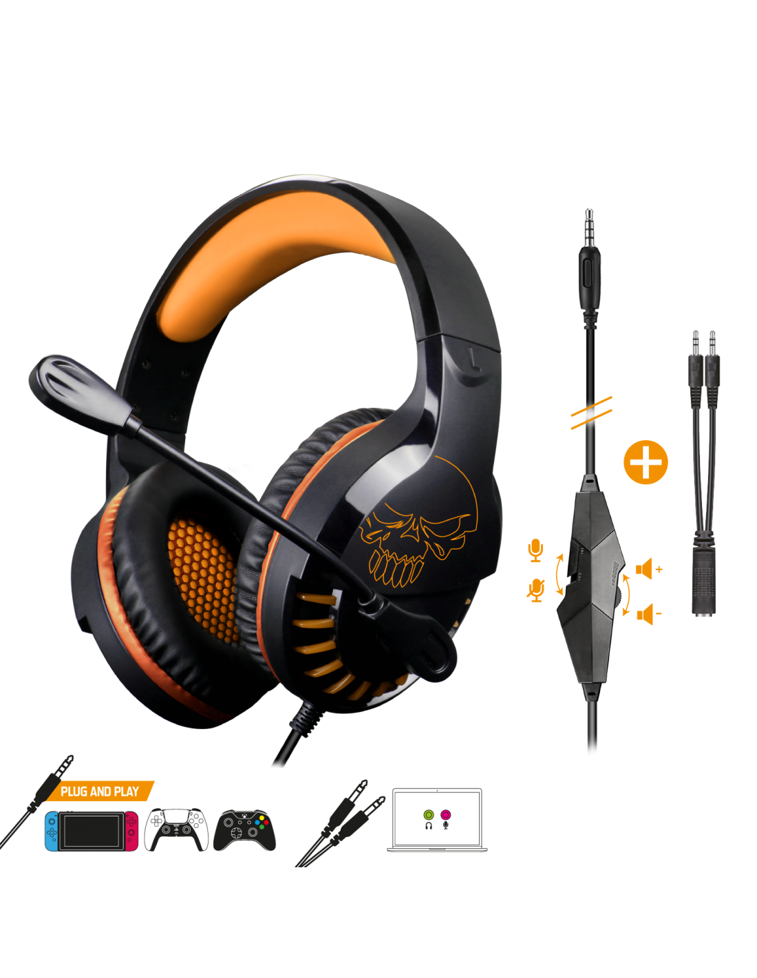 Egy gaming headset narancssárga elemekkel, mikrofonnal és vezérlőegységgel.