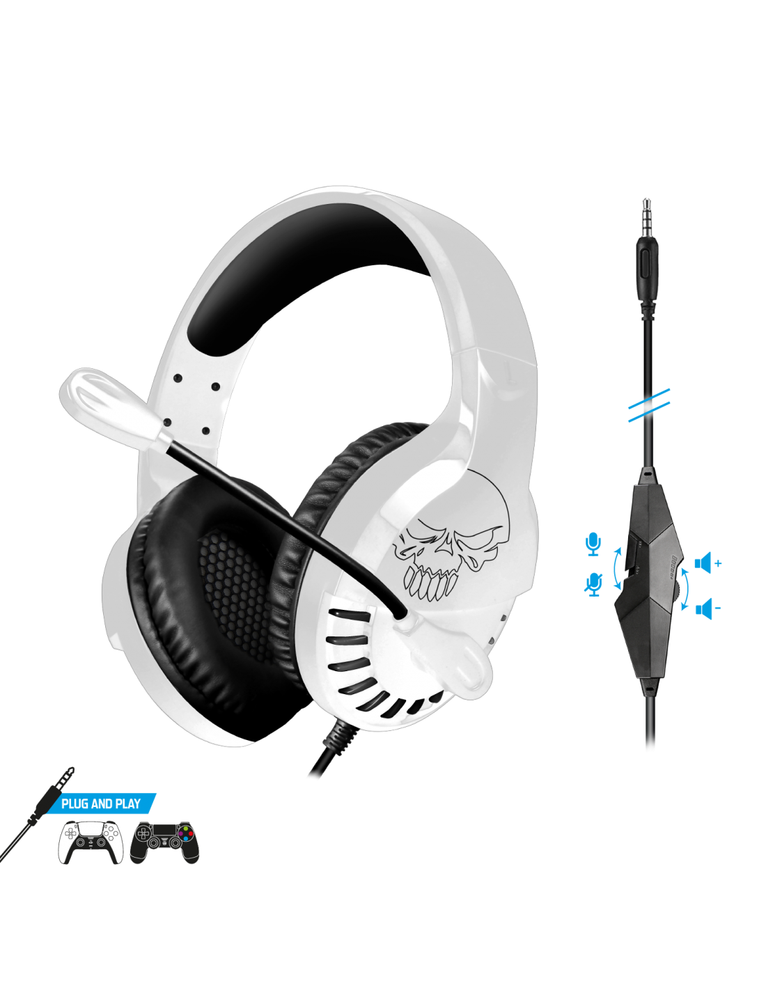 Fehér gamer headset koponya mintával. Mikrofon a bal oldalról nyúlik ki. Vezérlők a vezetéken.