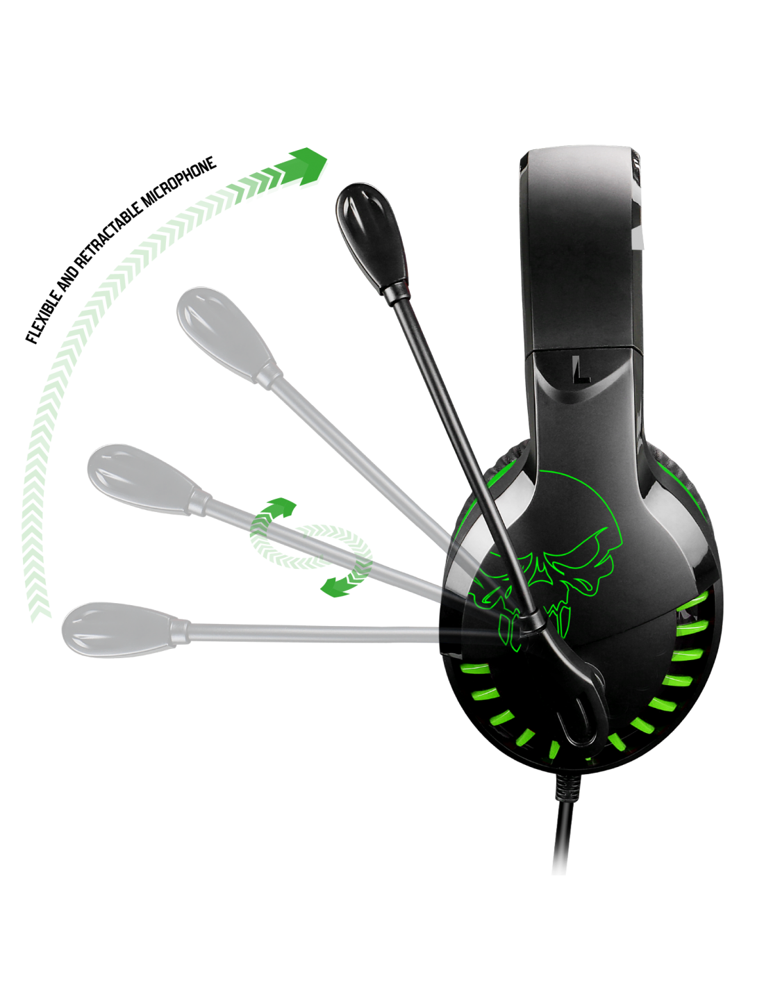 Fekete gamer headset zöld koponya logóval. Egy mikrofon forog a headset körül.