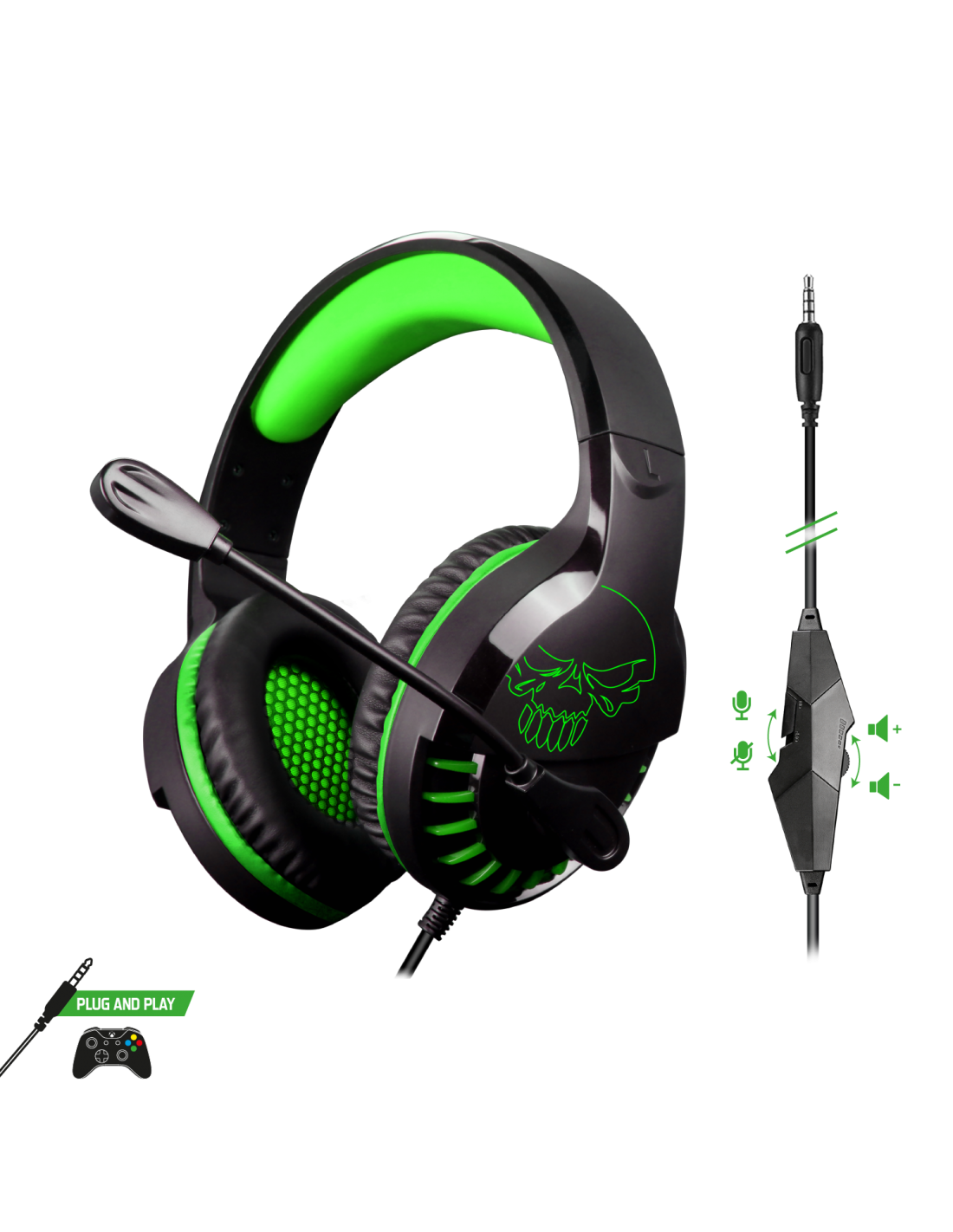 Fekete gamer headset zöld díszítéssel és koponya logóval, vezérlőpanellel.