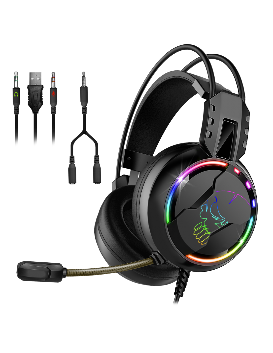 Fekete gamer headset RGB lámpákkal és mikrofonnal, különböző csatlakozó kábelekkel.