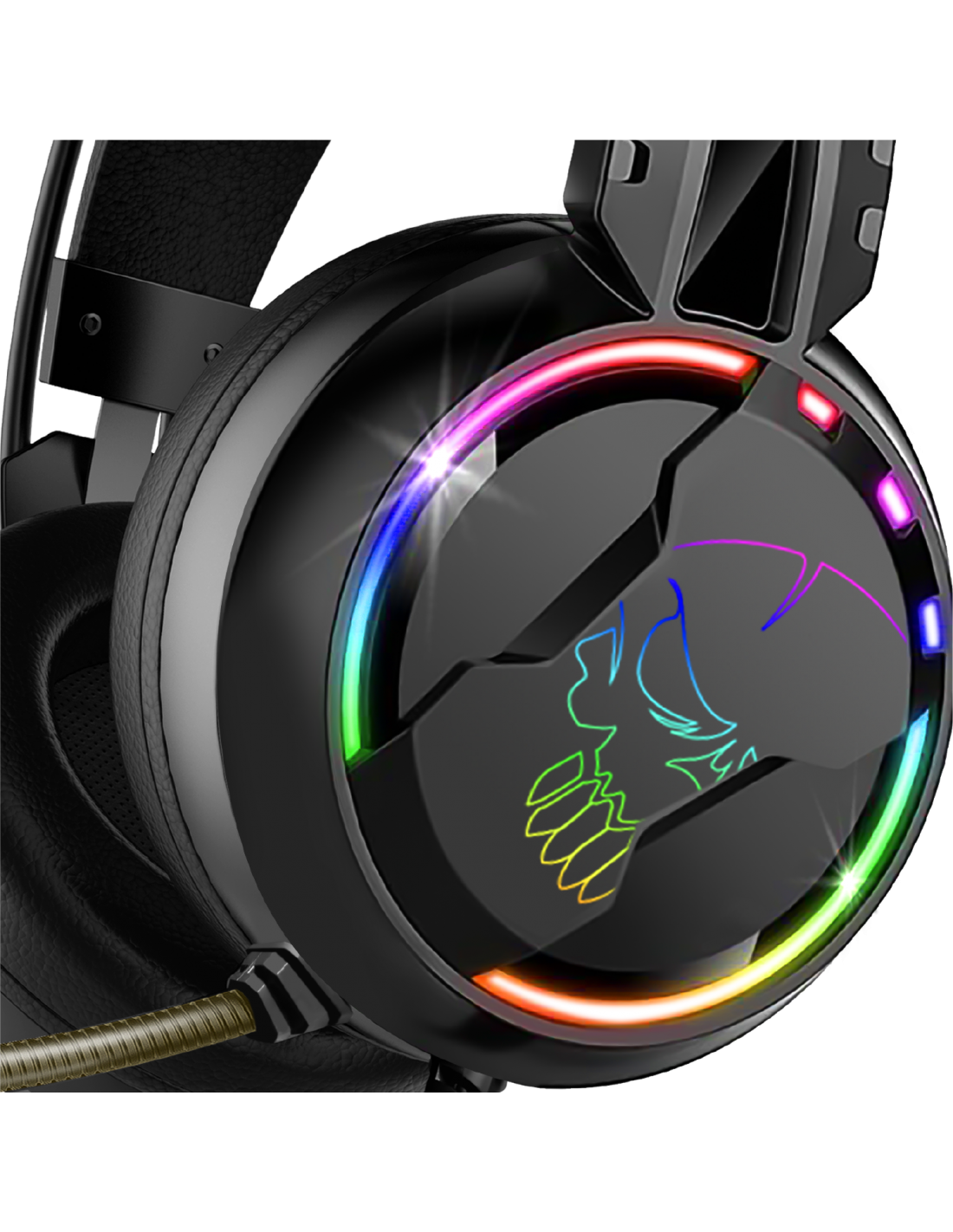 Egy fekete gamer headset közeli képe, színes fényekkel a fülkagyló körül.