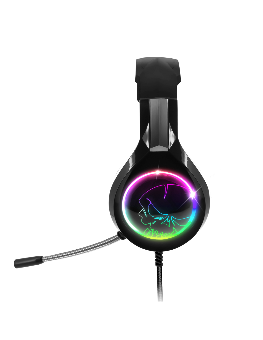 Fekete gamer fejhallgató mikrofonnal. A fülkagylókon koponya design van, színes fénnyel.