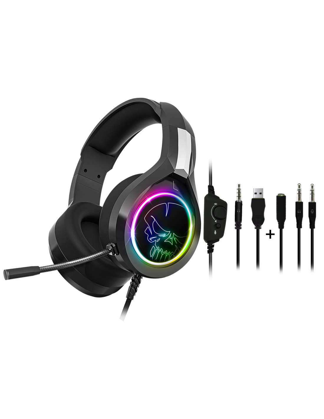 Fekete gamer headset koponya dizájnnal, mikrofonnal és több csatlakozó kábellel.