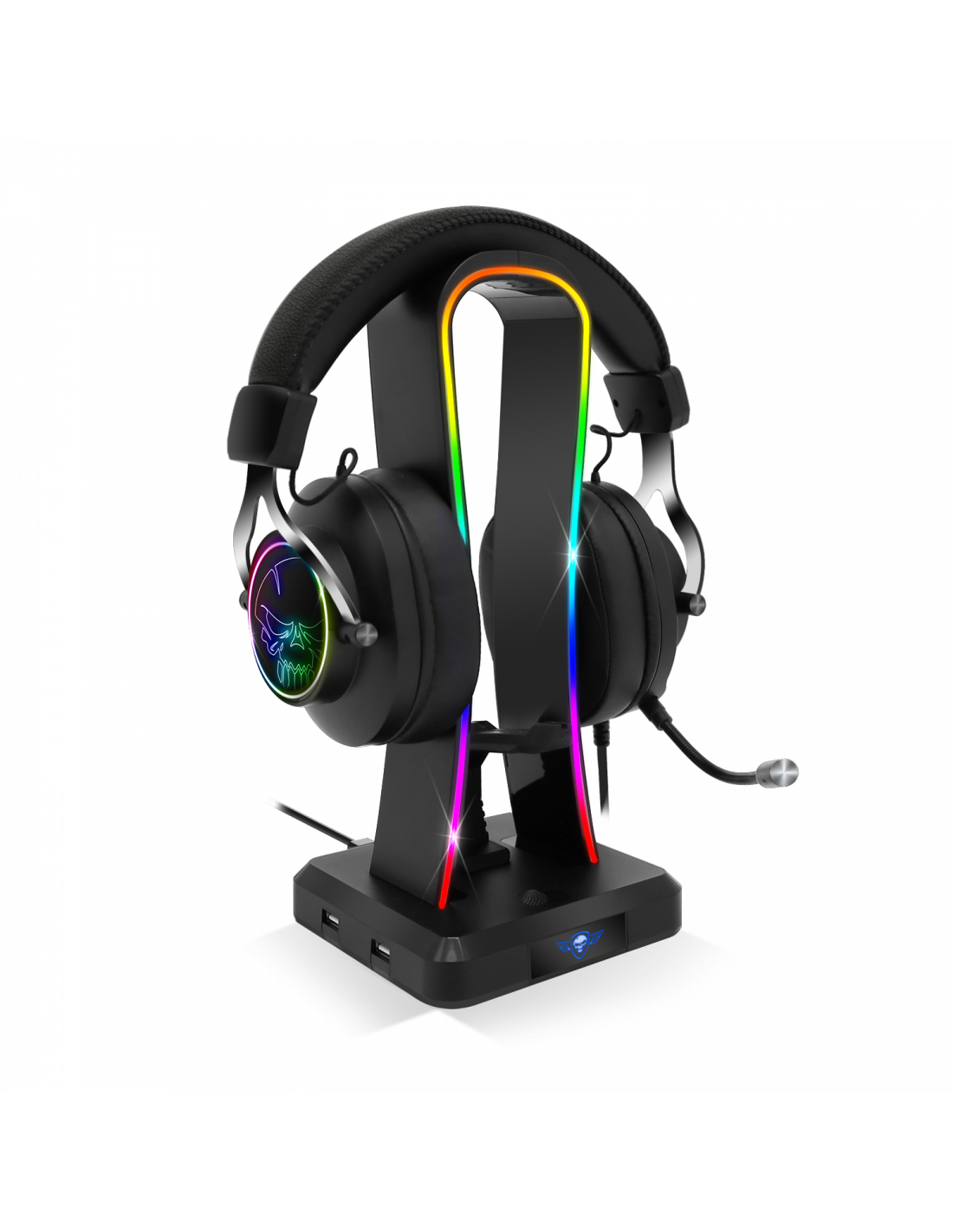 Fekete gamer headset egy állványon RGB világítással.