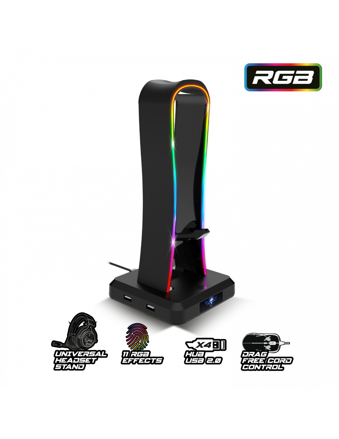 Fekete headset állvány RGB világítással. USB portokkal és headset ikonnal rendelkezik.