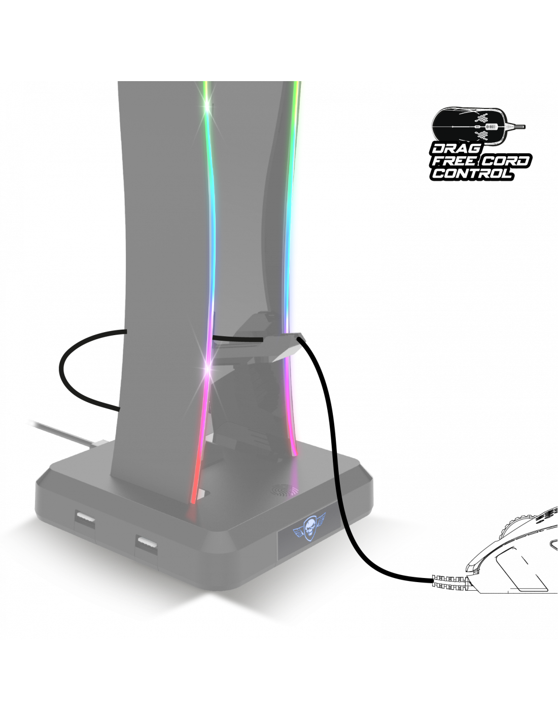 Fekete játékállvány RGB-világítással és koponya logóval.