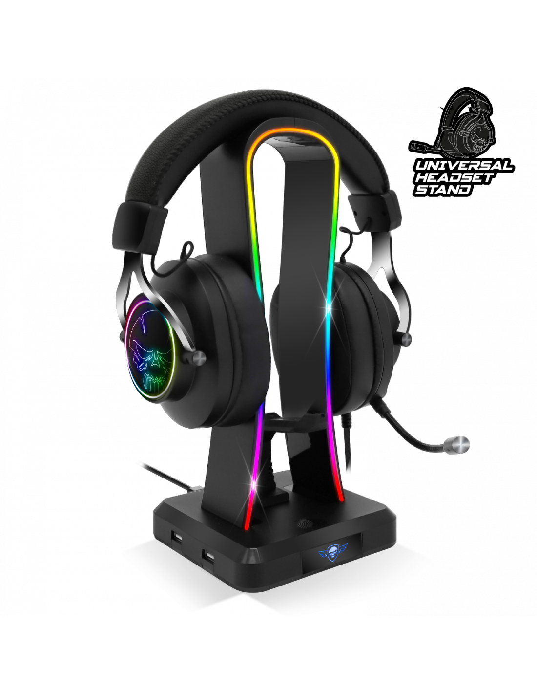 Fekete gamer fejhallgató állványon szivárványfényekkel.
