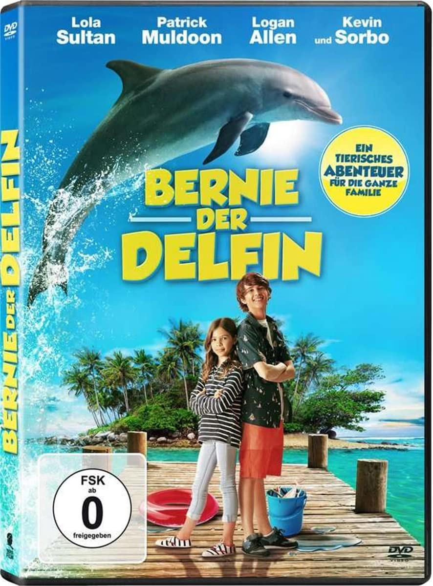 DVD-Cover des Films „Bernie der Delfin“ mit springendem Delfin und Kindern am Strand.