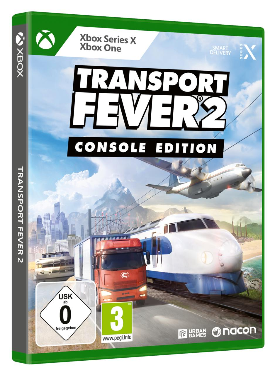 Xbox Series X Spielbox für Transport Fever 2. Zeigt Zug, LKW und Flugzeug auf dem Cover.