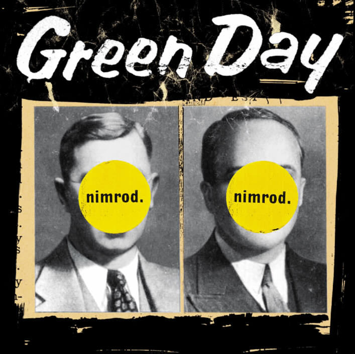 A Green Day 'Nimrod' című albumának borítója két arccal, sárga körökkel a szemek helyén.