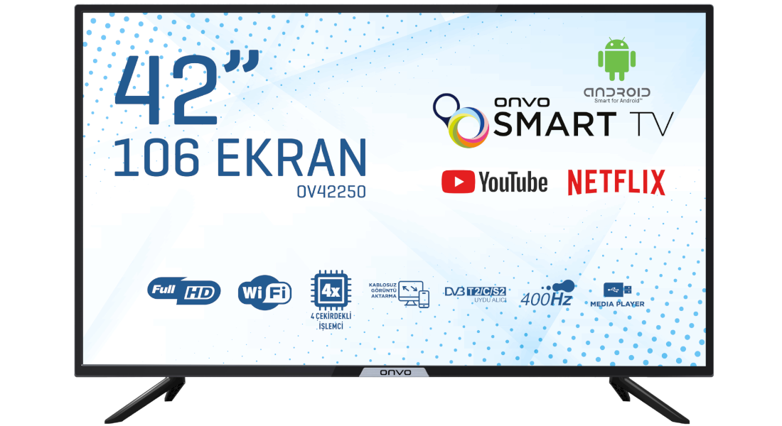 42 inç Onvo akıllı TV. Full HD, Wi-Fi ve YouTube/Netflix uygulamaları içerir. 4 çekirdekli işlemciye ve medya oynatıcıya sahiptir.