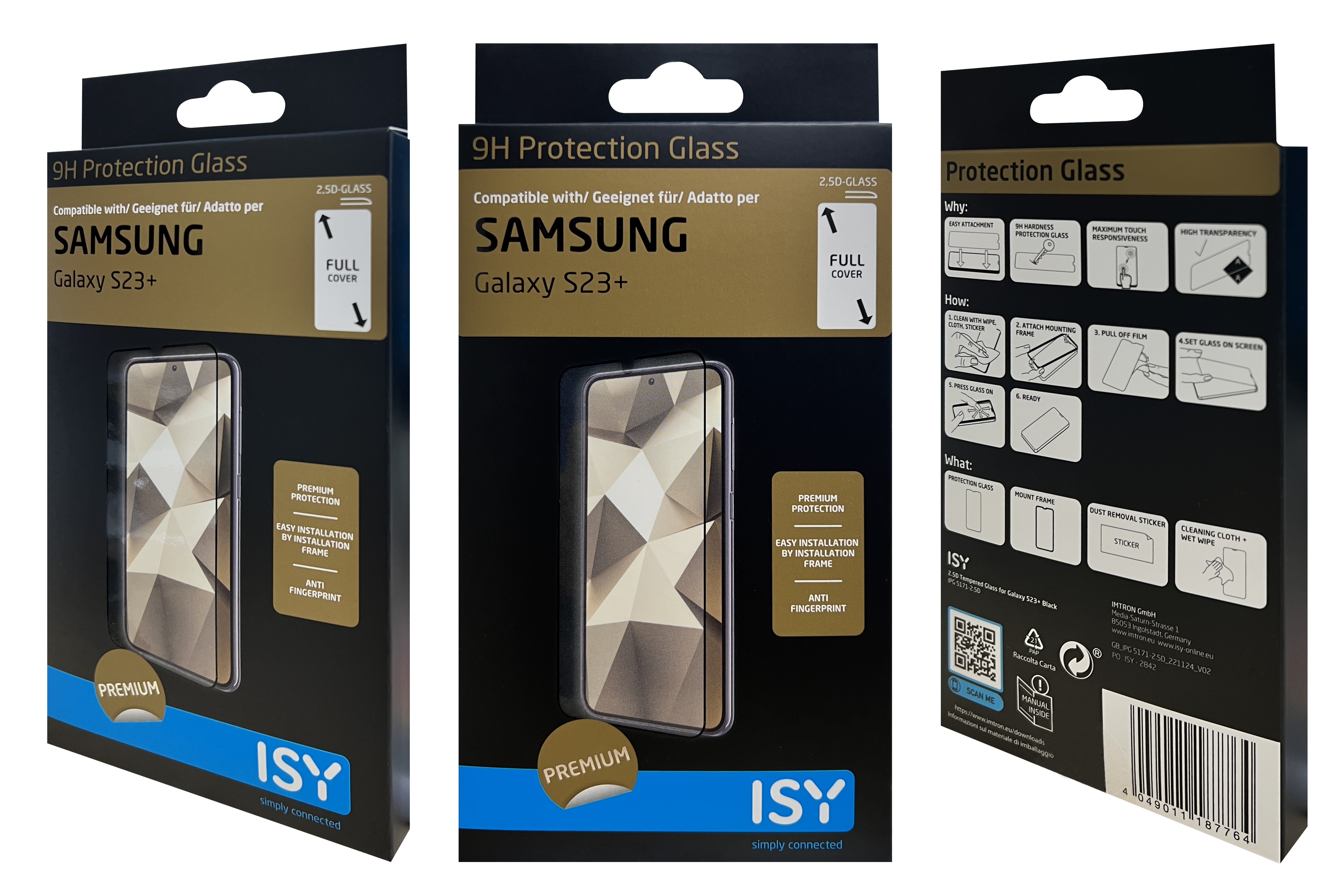 Verpackung eines Displayschutzes für Samsung Galaxy S23+ mit 9H Schutzglas.