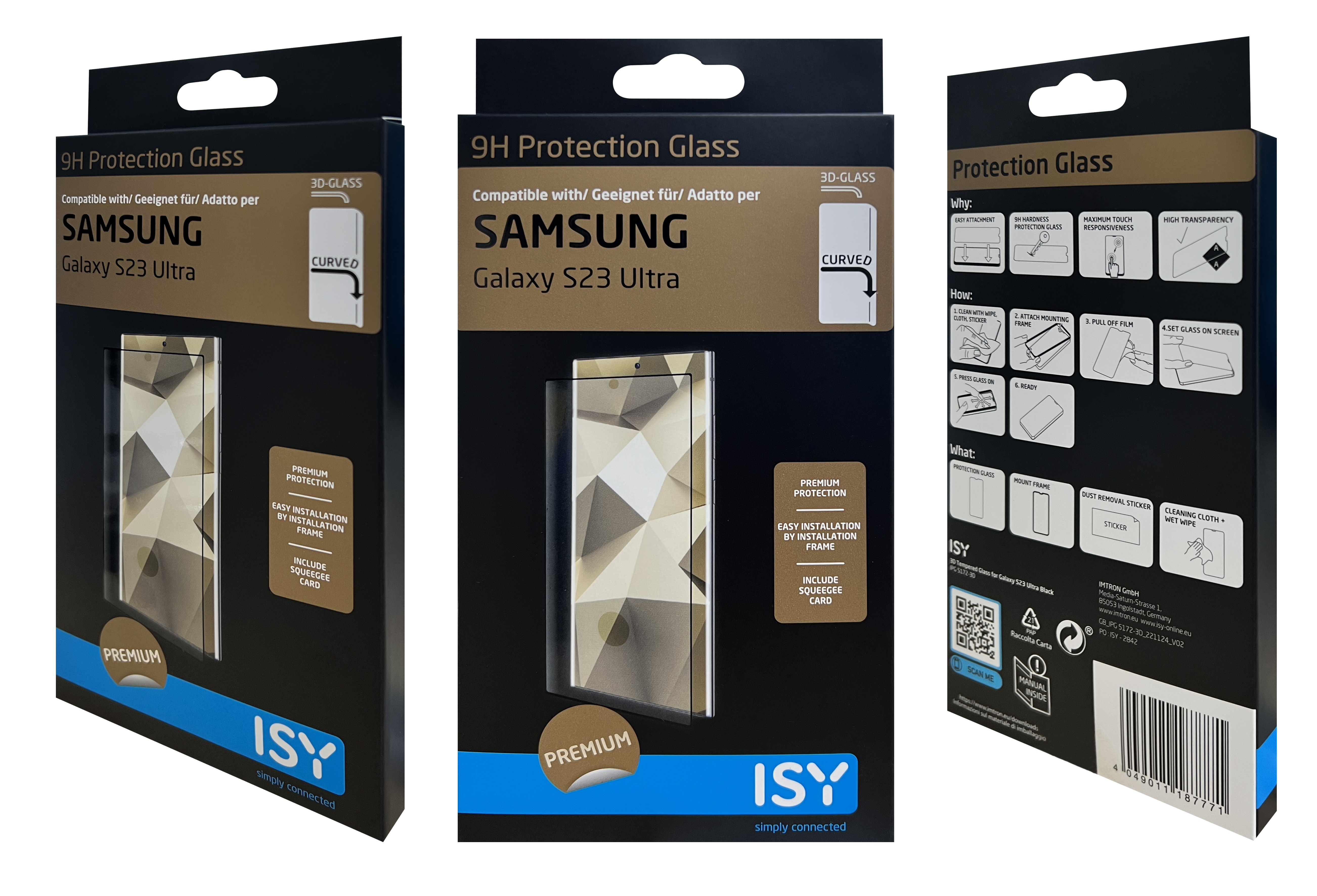 Verpackung für Displayschutzfolie für Smartphones mit mehreren Produktansichten.