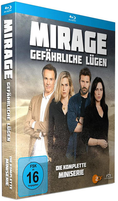 DVD-Hülle mit Schauspielern. Text: MIRAGE, GEFÄHRLICHE LÜGEN. Vier Personen vor Sandhintergrund.
