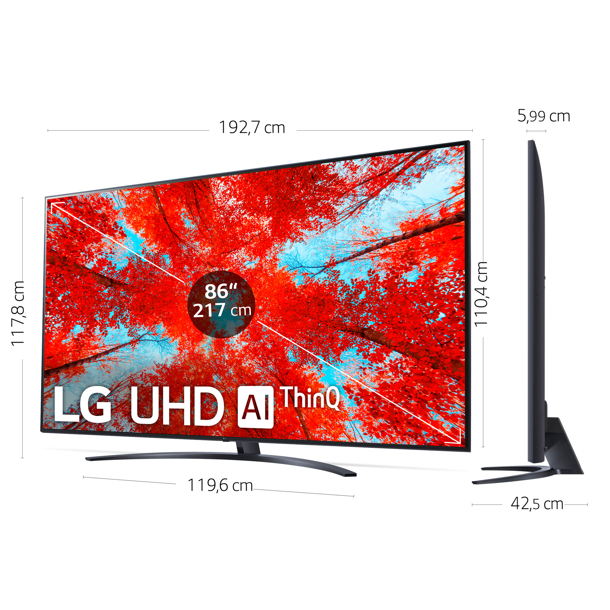 Un televisor LG de 86 pulgadas que muestra una imagen de bosque rojo.