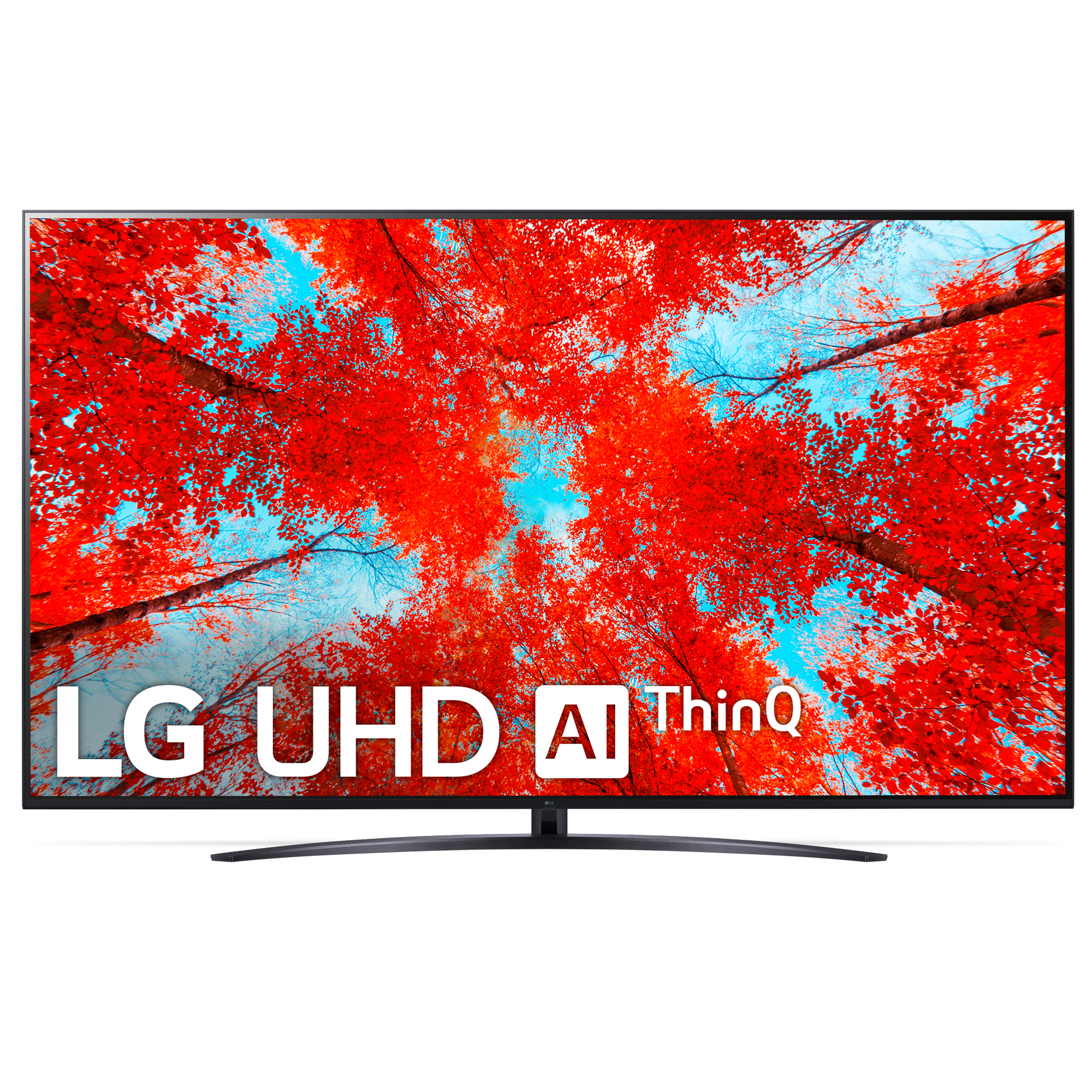 TV LG UHD AI ThinQ mostrando dosel de árboles rojo y naranja, cielo azul al fondo.
