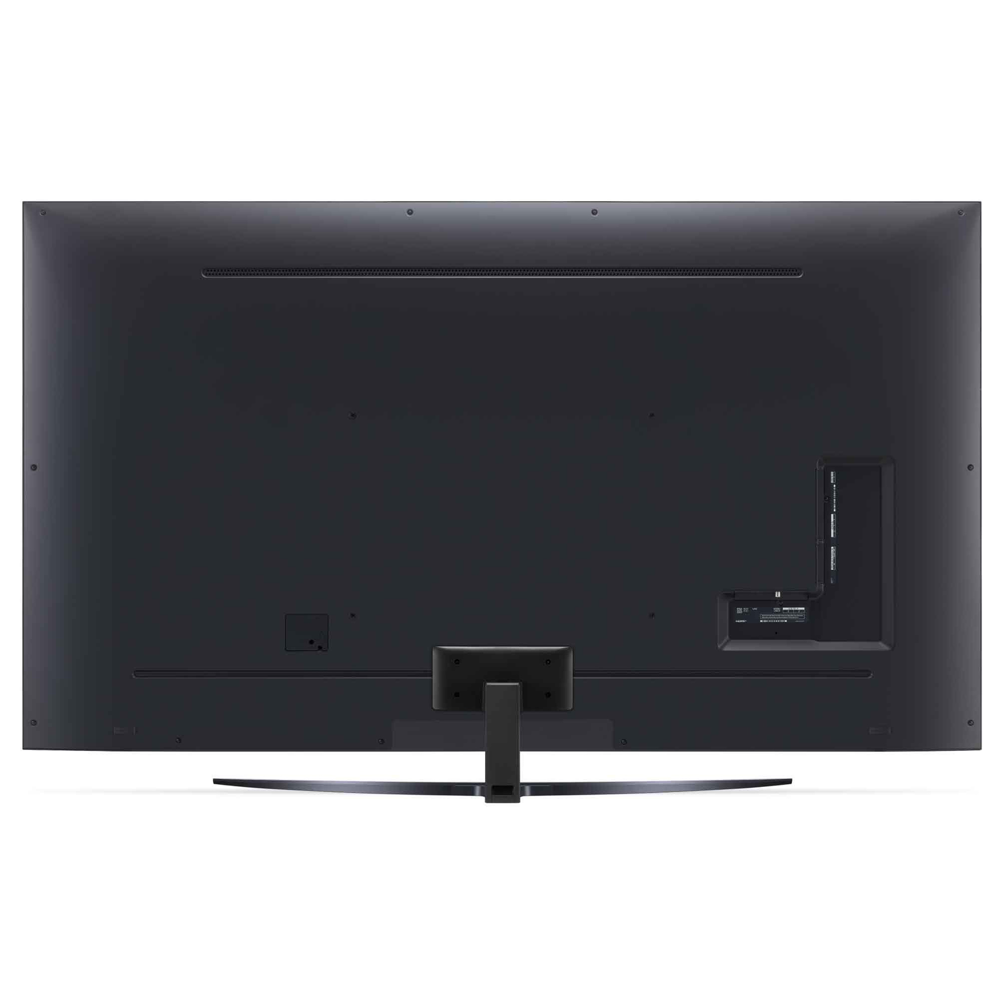 La parte trasera de un televisor negro. Tiene un soporte y varios puertos.