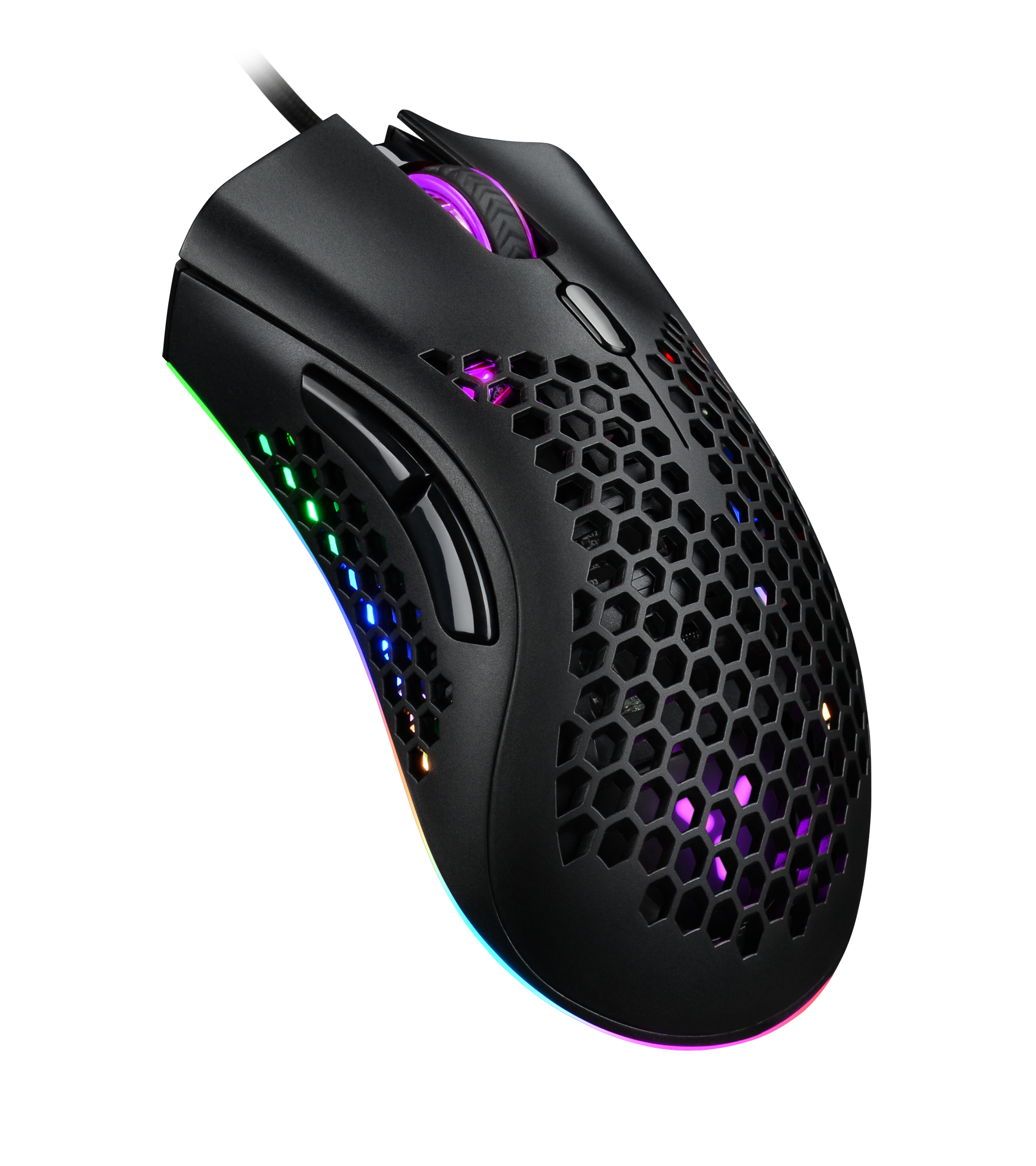 Mouse da gaming nero con design a nido d'ape e luci LED colorate su sfondo scuro.
