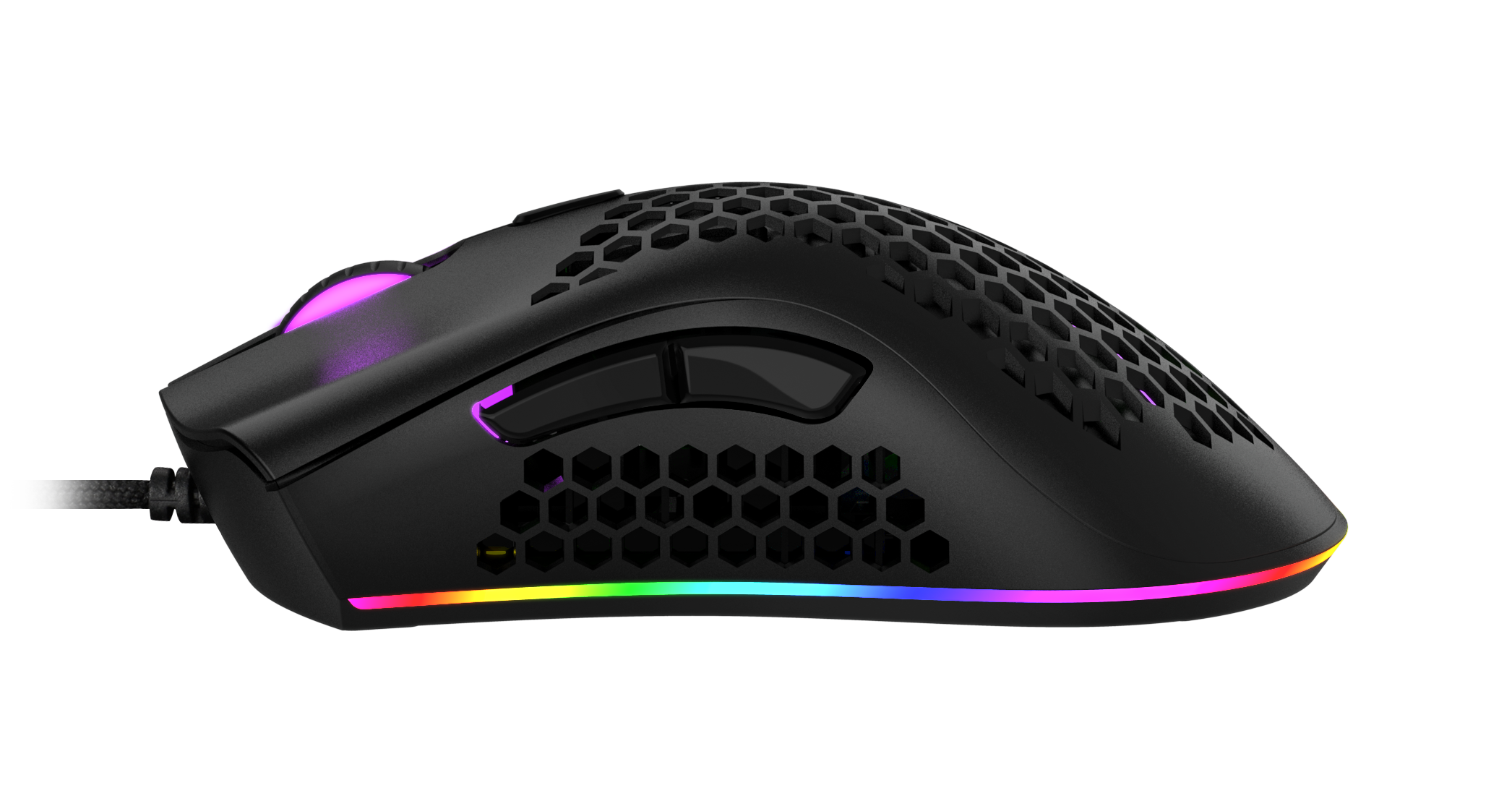 Mouse da gioco nero con design a nido d'ape. Con illuminazione RGB e pulsanti laterali.