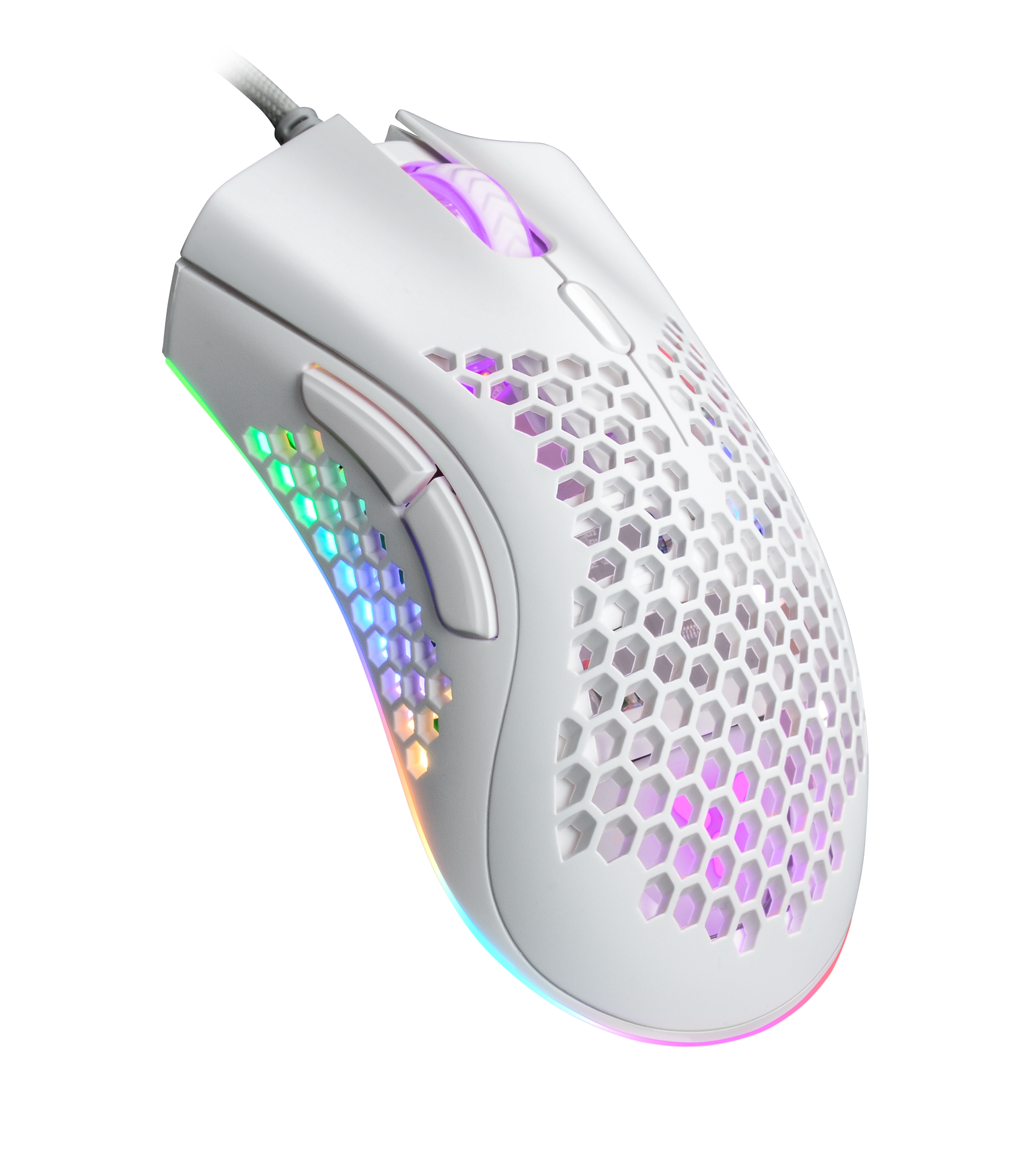 Un mouse da gioco bianco con un design a nido d'ape e luci colorate su sfondo scuro.