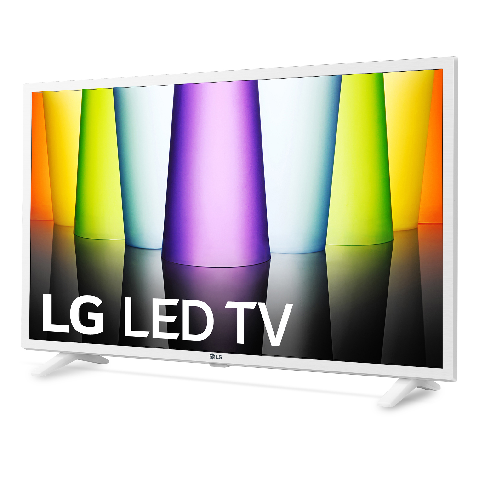 TV LED LG blanco con soporte blanco. Fondo colorido de formas verticales. Texto LG LED TV al frente.
