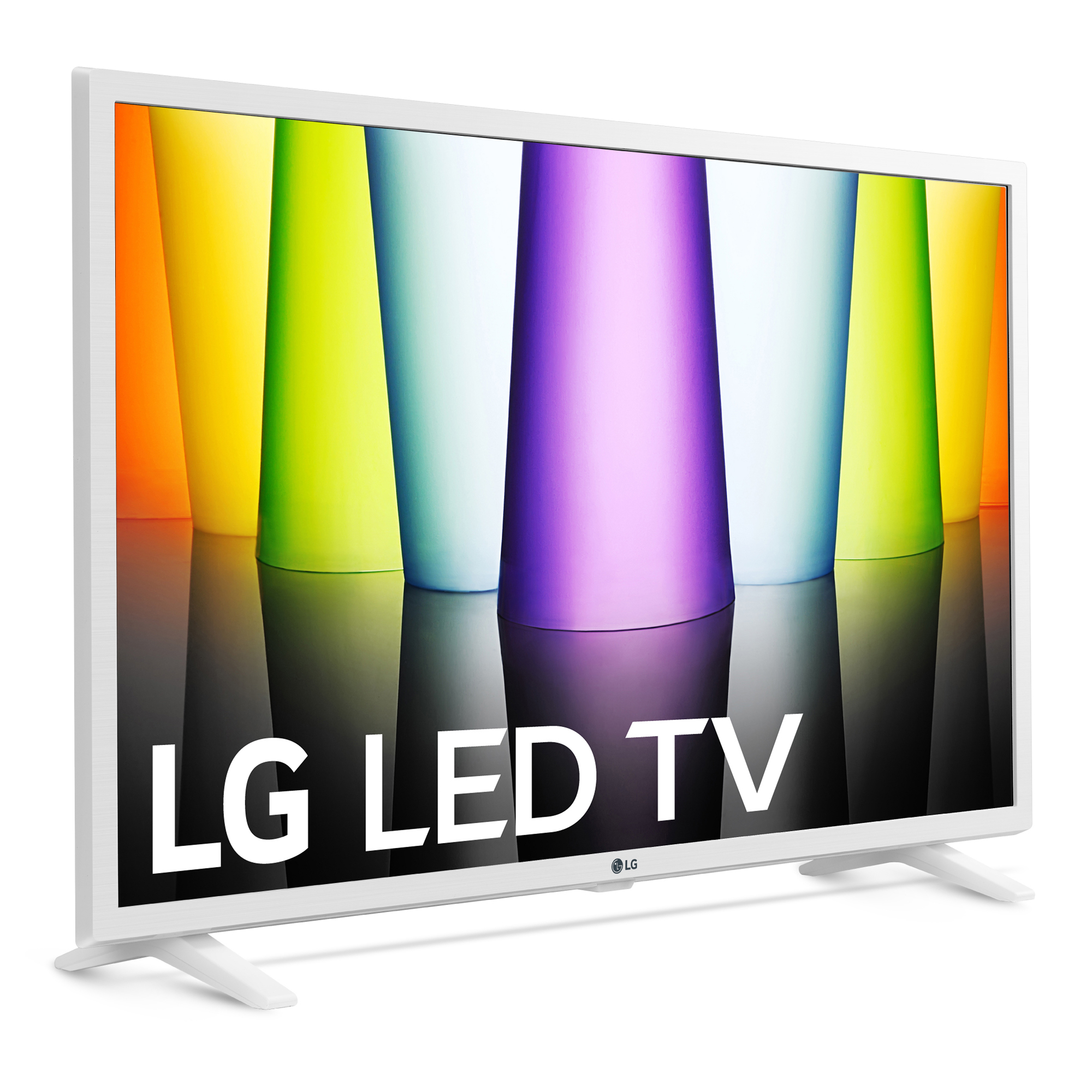 TV LED LG blanco con soporte blanco. Fondo colorido de formas verticales. Texto LG LED TV al frente.