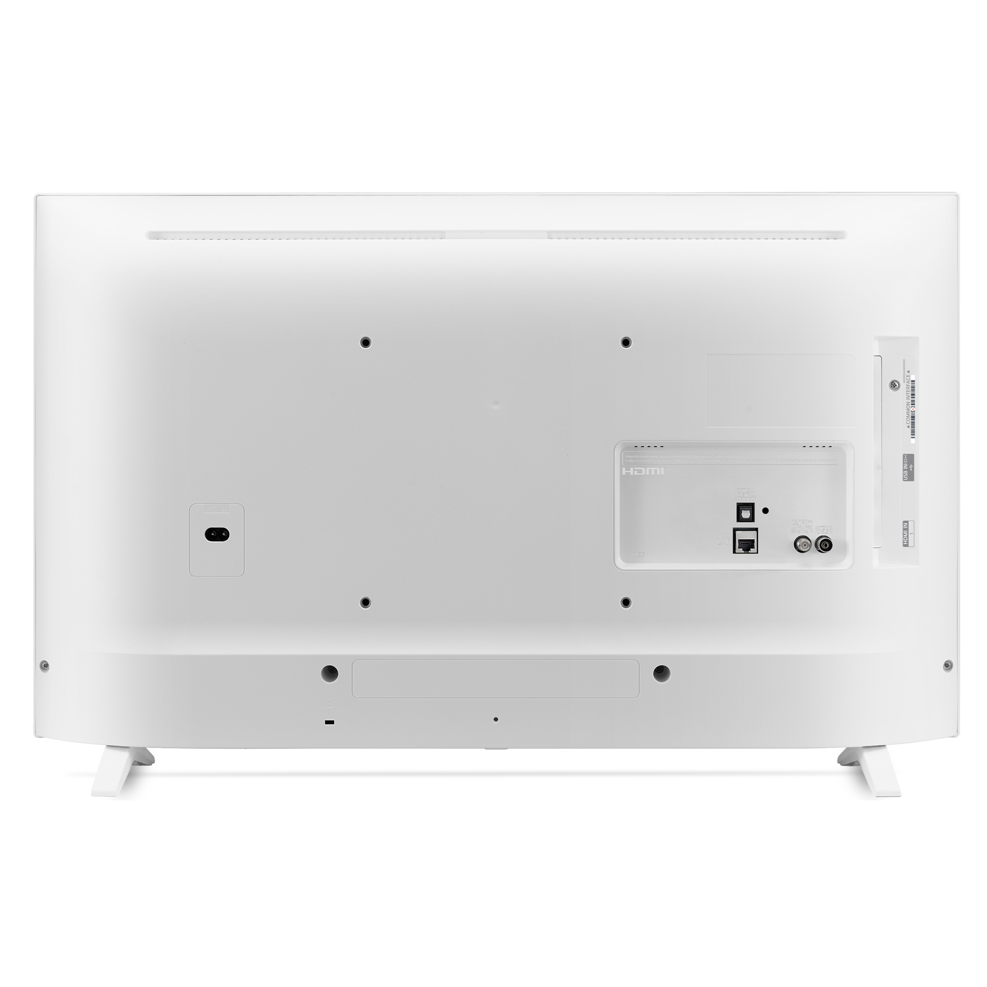 La parte trasera de un televisor blanco con puertos, un soporte y puntos de conexión.