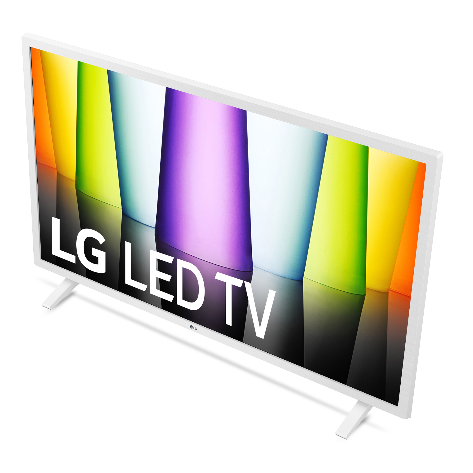 Televisor blanco con una pantalla colorida. Está sobre un soporte blanco. El logotipo de LG es visible.