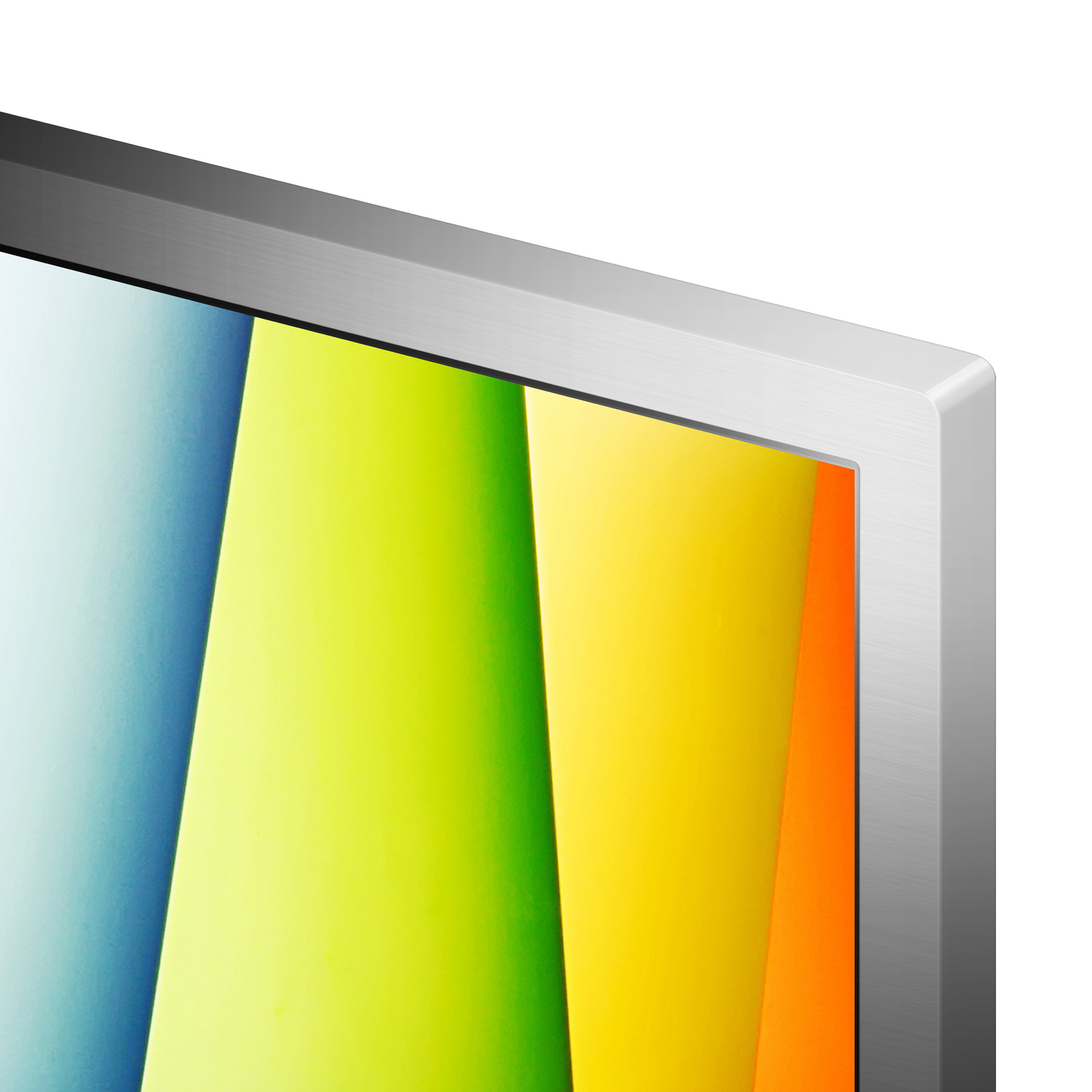 Primer plano de una esquina de pantalla de TV con fondo abstracto colorido.