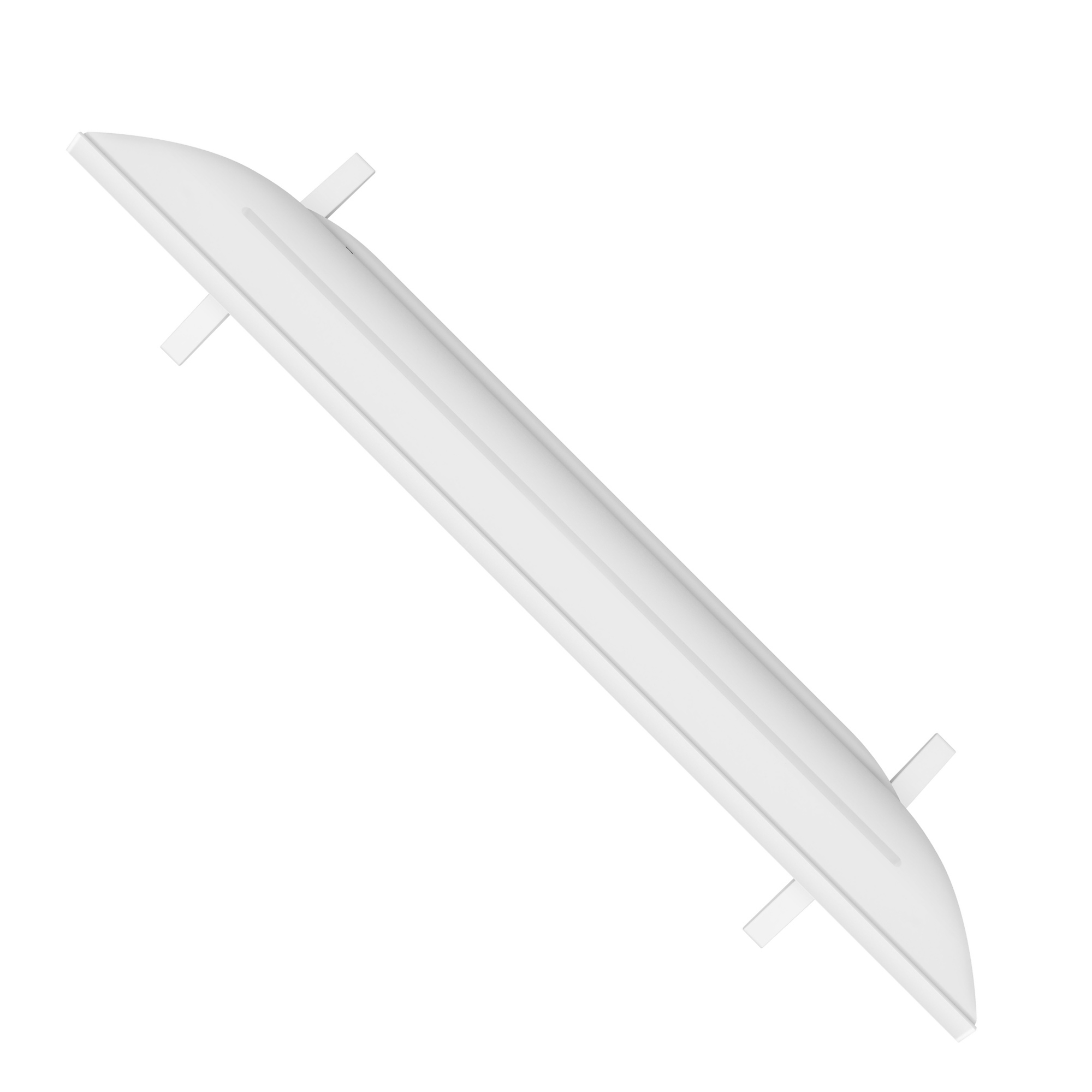 Dispositivo blanco, largo, curvado y plano. Tiene cuatro soportes blancos cortos y rectangulares.
