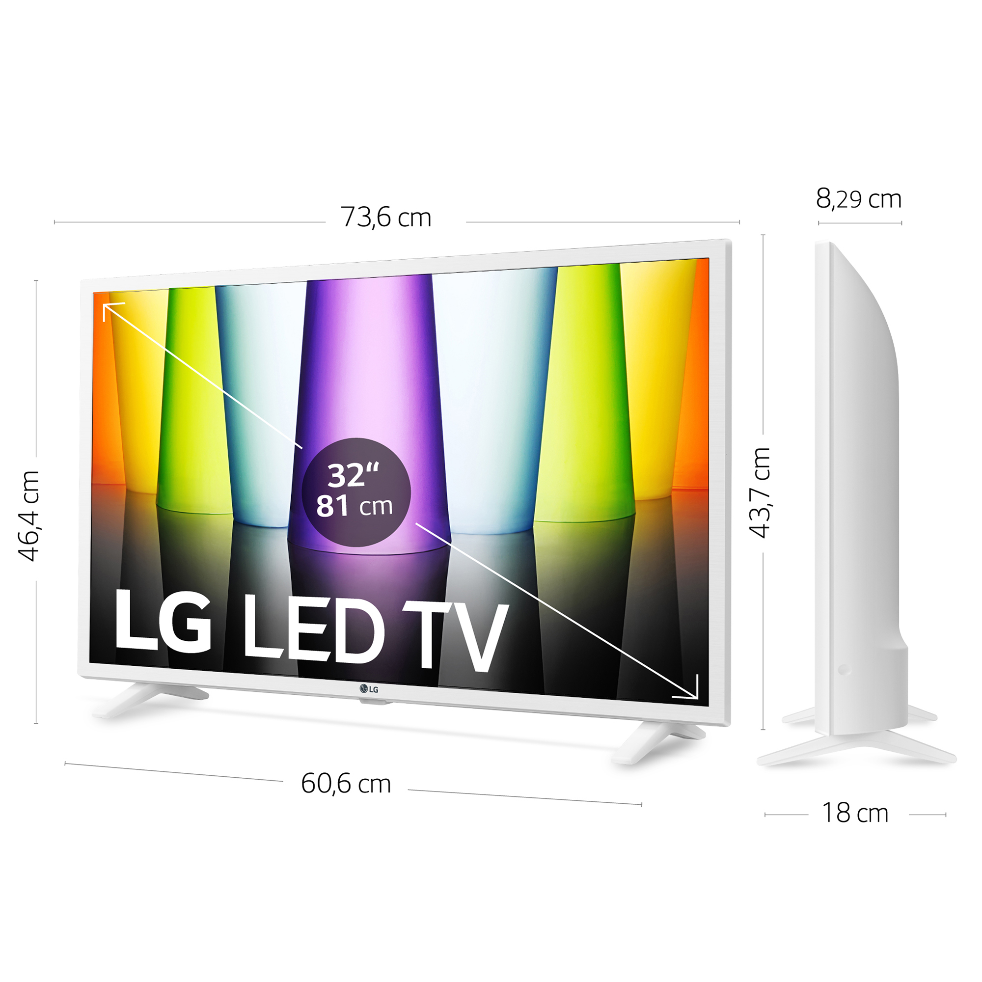 Televisor LED LG blanco, vista lateral y dimensiones. Pantalla muestra imagen abstracta colorida.