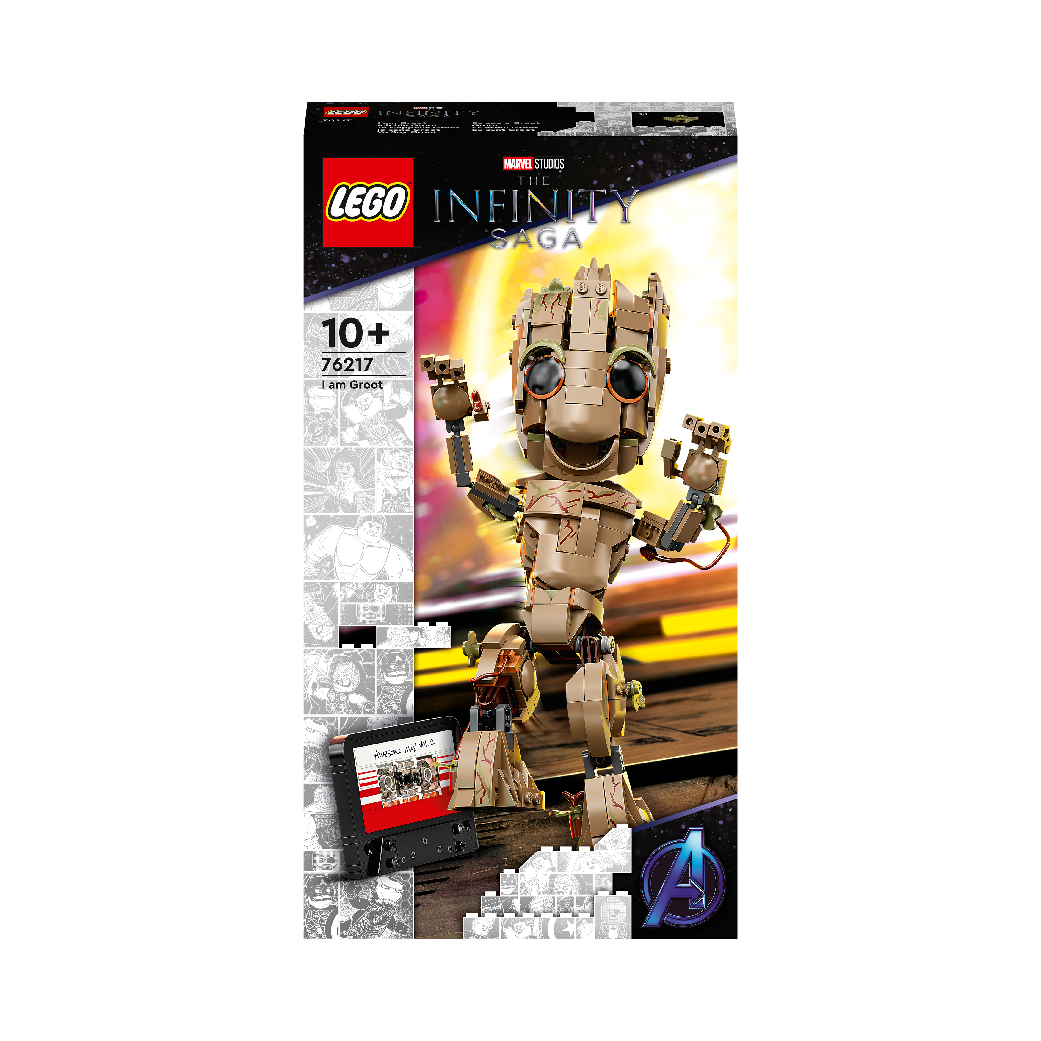 Lego Ich bin Groot Modell, vor schwarzem Hintergrund. Es ist eine Werbeanzeige.