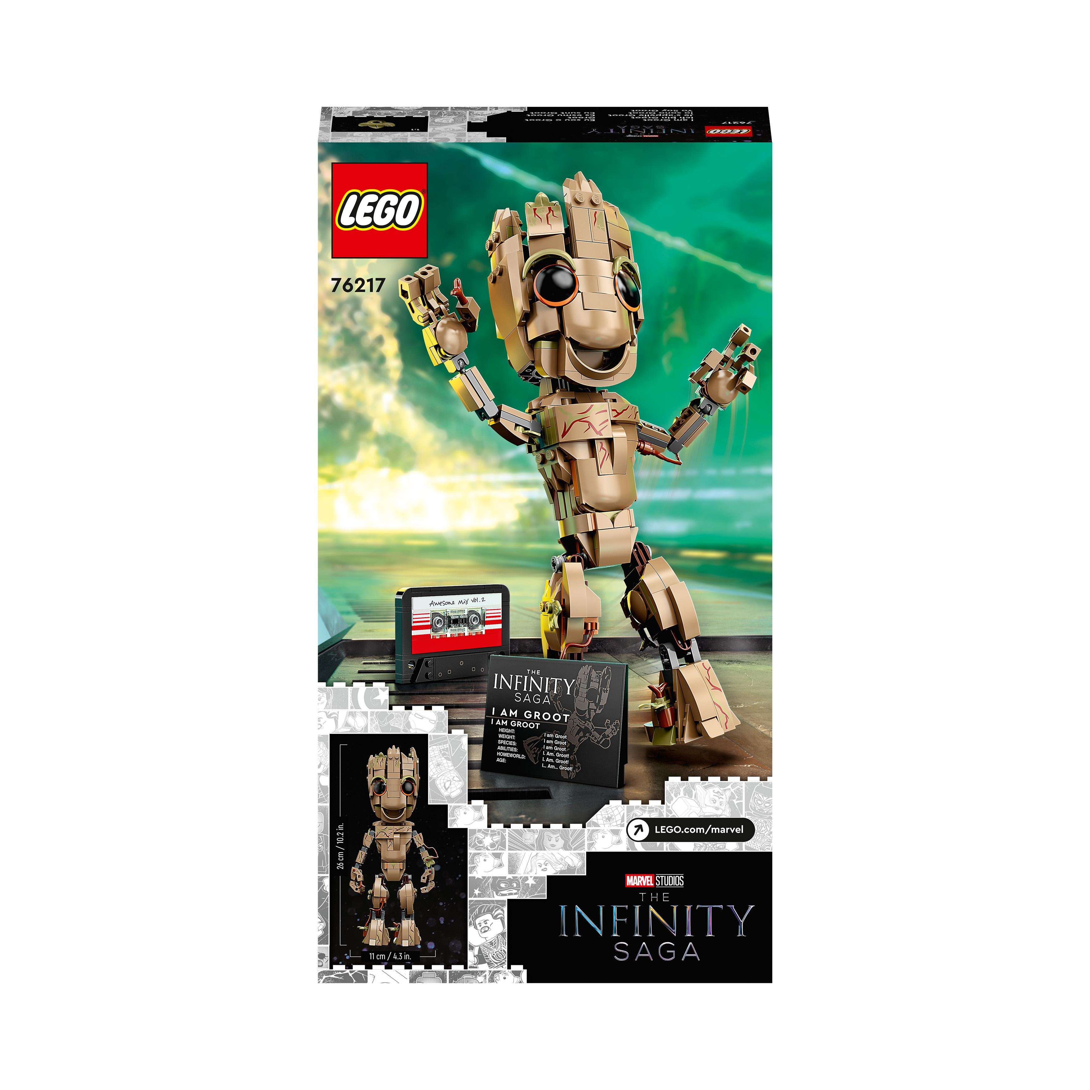 LEGO Groot-Bausatz aus der Infinity Saga. Mit Kassette und Anleitungen gezeigt.